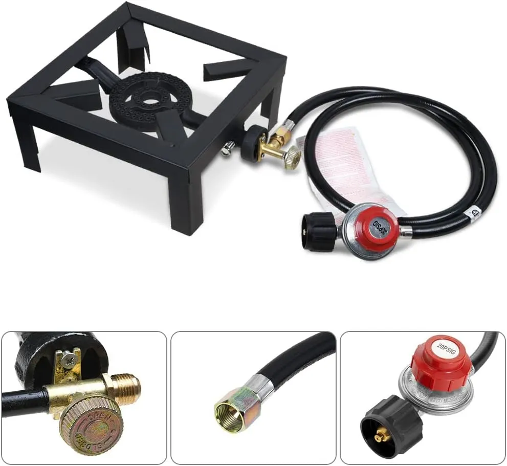 Portable Single Burner Outdoor Gas Stove Propane Cooker with Adjustable 0-20Psi Regulator Hose for Patio Camping, BBQ, Home Brewing, Turkey Fry, Maple Syrup Prep