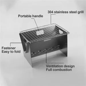 Portable Stainless Steel BBQ Grill, Folding Mini Camping for Charcoal and Wood, Compact Stove Picnics, Outdoor Cooking, Hiking