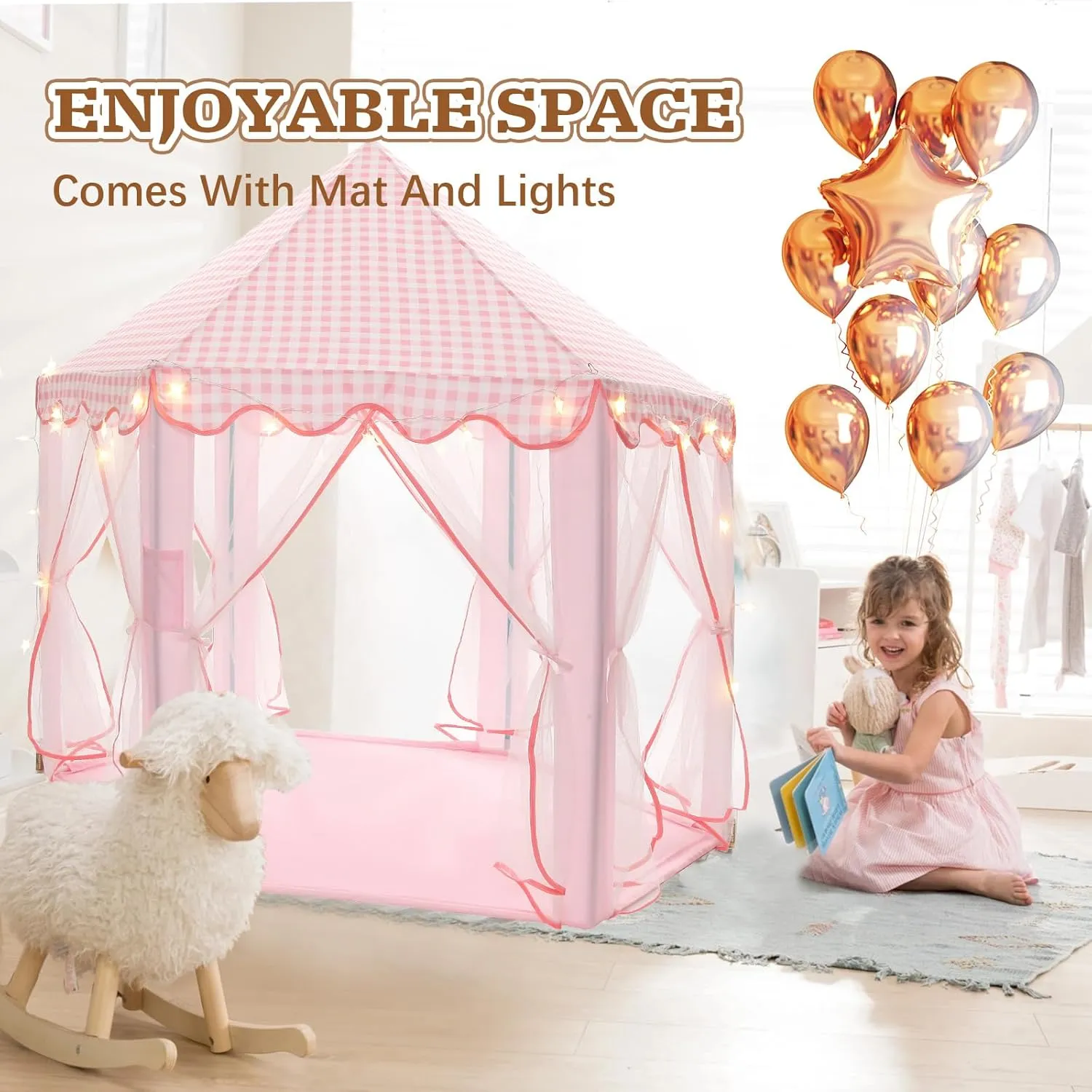 Princess Play Tent, Large Playhouse Castle Play Tent with Star String Toy, Indoor and Outdoor Games, for Children, Kids, Girls, Pink Plaid, 53" x 53" x 51", Pink