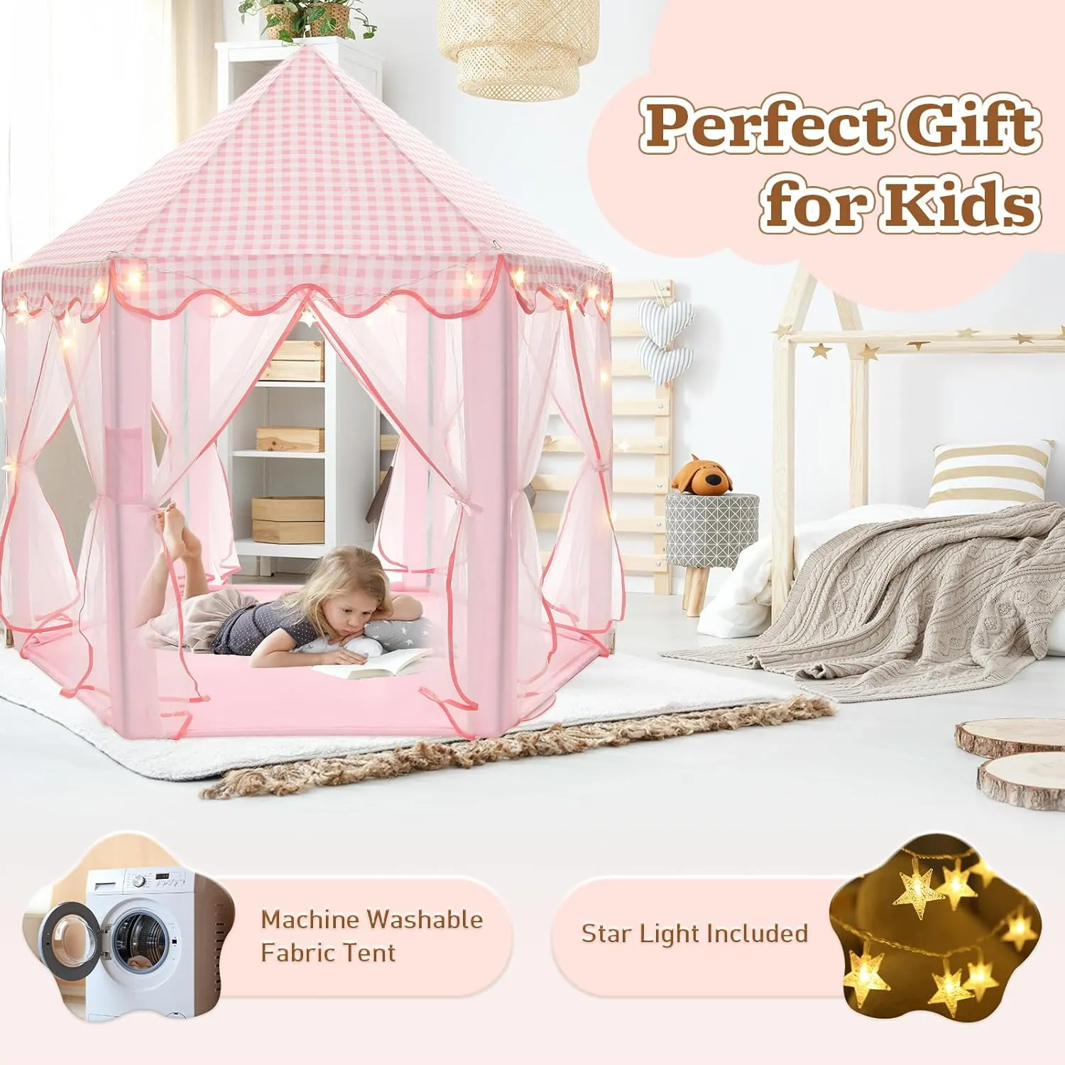 Princess Play Tent, Large Playhouse Castle Play Tent with Star String Toy, Indoor and Outdoor Games, for Children, Kids, Girls, Pink Plaid, 53" x 53" x 51", Pink