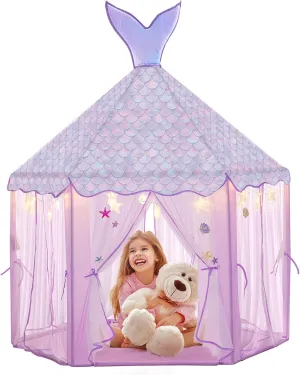 Princess Tent for Girls with Lights, Large Pretend Play Tent Castle w/Carry Bag & Stickers & Detachable Fishtail Top Indoor Outdoor, 67”x55” Ocean-Theme Kids Playhouse Gift for Toddler Age 3 
