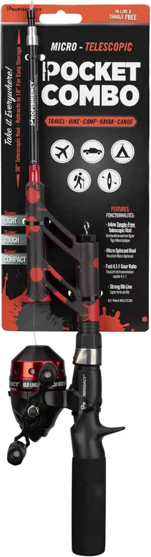 ProFISHiency Tangle-Free Pocket Combo Telescoping Fishing Pole, Adjustable Lightweight Rod and Reel for Adults and Kids, Red Splatter, One Size