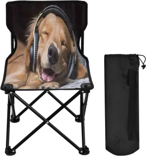 Puppies Listening to Music Portable Outdoor Folding Chair Anti-Slip Padded Oxford Cloth Stool Camping Chair Small for Beach Hiking Fishing Gardening Quad Camp Chair
