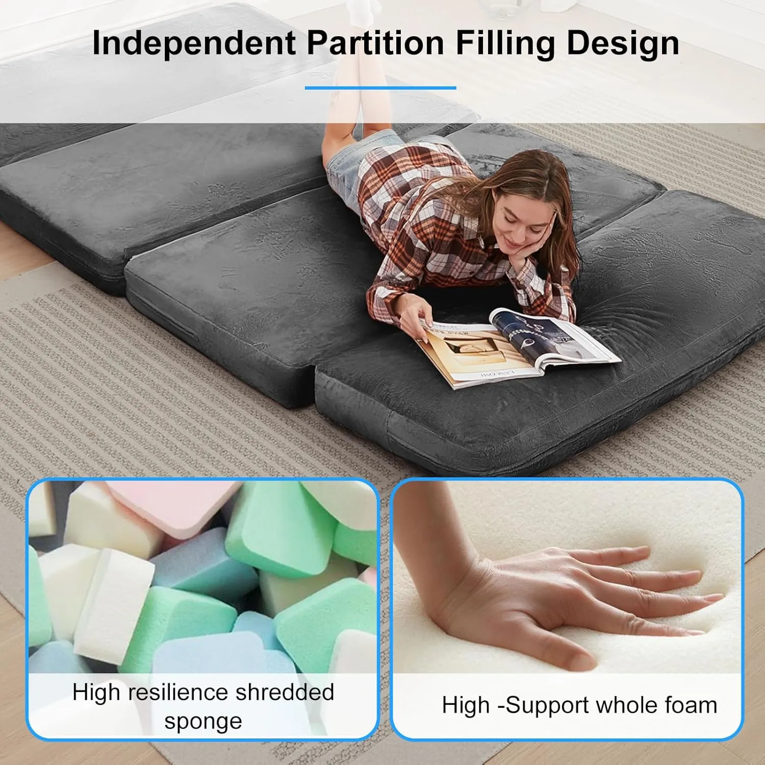 PUREMIND Single Size Bean Bag Bed Floor Chair- Extra Thick Folding Mattress Chair for Adults, Floor Lounger Pillow Cushion with Removable Faux Fur Cover, Lazy Chairs for Living Room & Bedroom