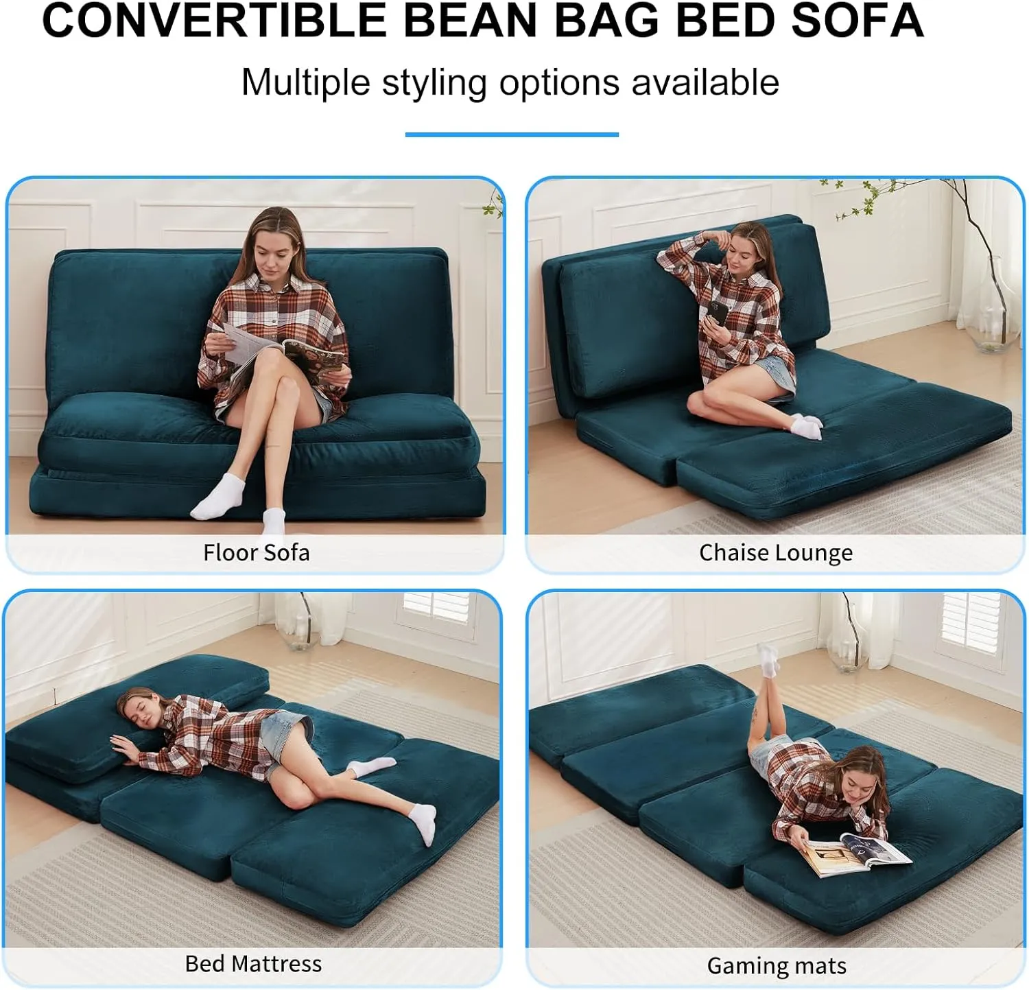 PUREMIND Single Size Bean Bag Bed Floor Chair- Extra Thick Folding Mattress Chair for Adults, Floor Lounger Pillow Cushion with Removable Faux Fur Cover, Lazy Chairs for Living Room & Bedroom