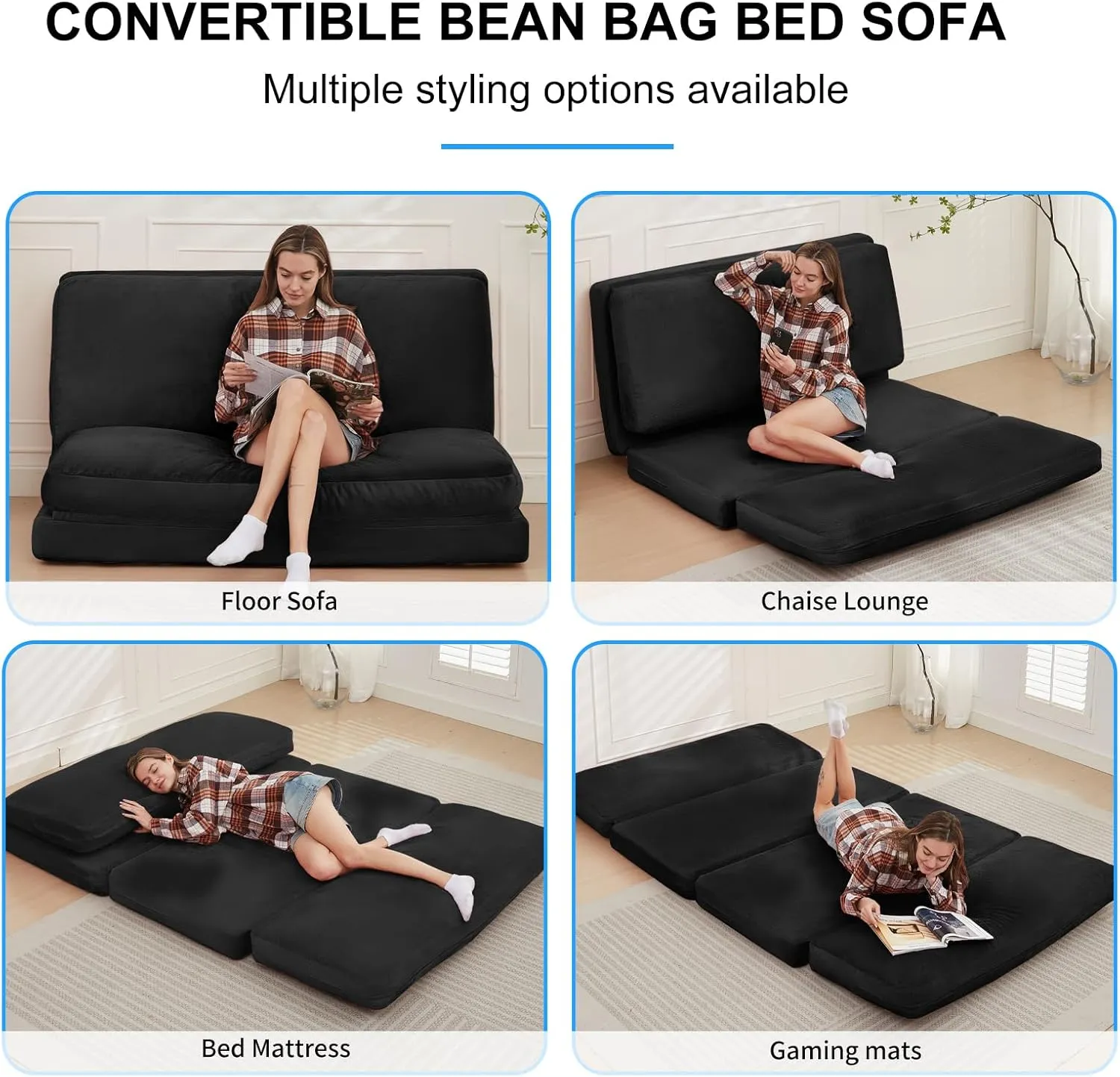 PUREMIND Single Size Bean Bag Bed Floor Chair- Extra Thick Folding Mattress Chair for Adults, Floor Lounger Pillow Cushion with Removable Faux Fur Cover, Lazy Chairs for Living Room & Bedroom