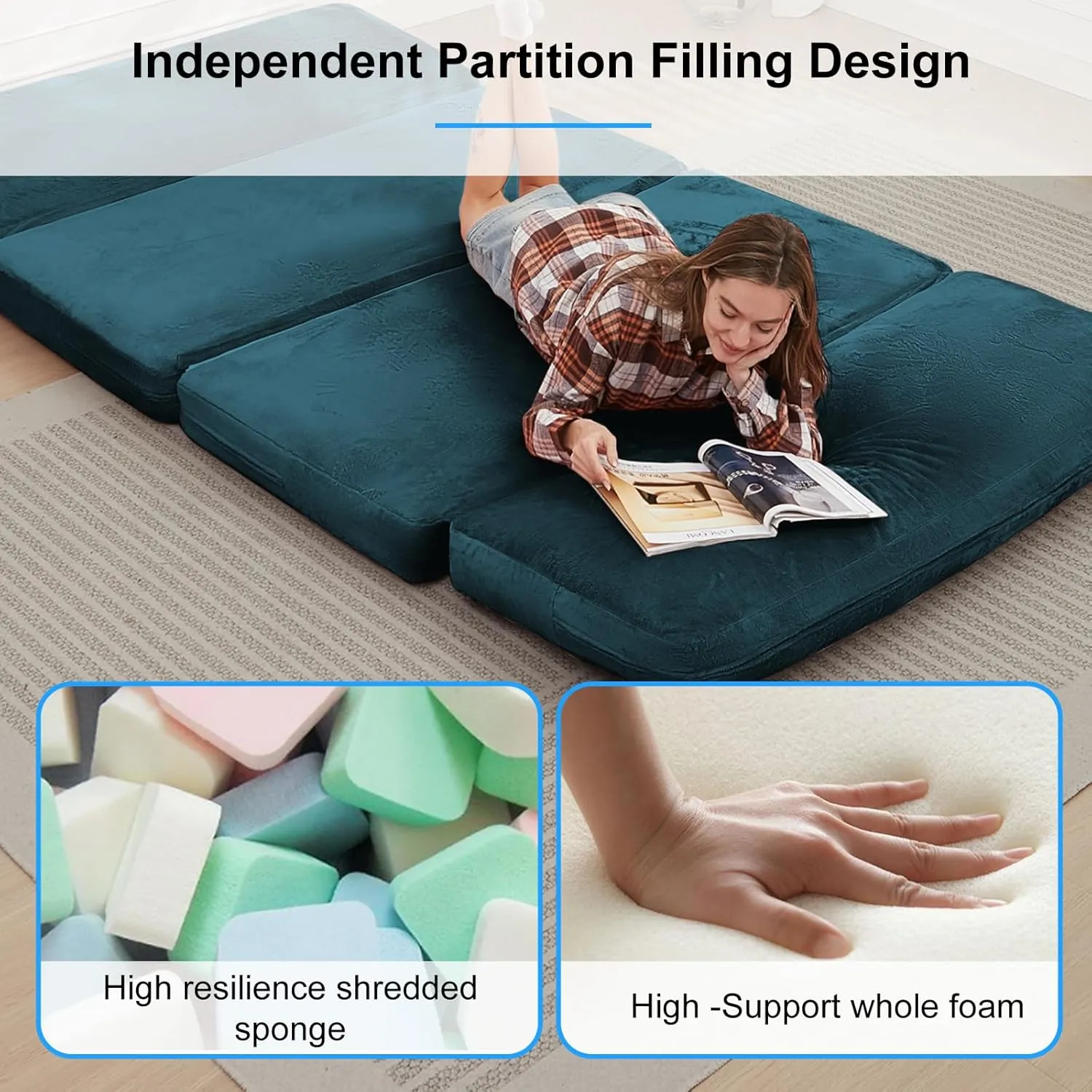 PUREMIND Single Size Bean Bag Bed Floor Chair- Extra Thick Folding Mattress Chair for Adults, Floor Lounger Pillow Cushion with Removable Faux Fur Cover, Lazy Chairs for Living Room & Bedroom