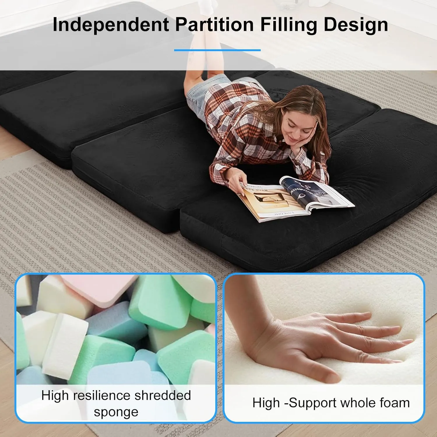 PUREMIND Single Size Bean Bag Bed Floor Chair- Extra Thick Folding Mattress Chair for Adults, Floor Lounger Pillow Cushion with Removable Faux Fur Cover, Lazy Chairs for Living Room & Bedroom