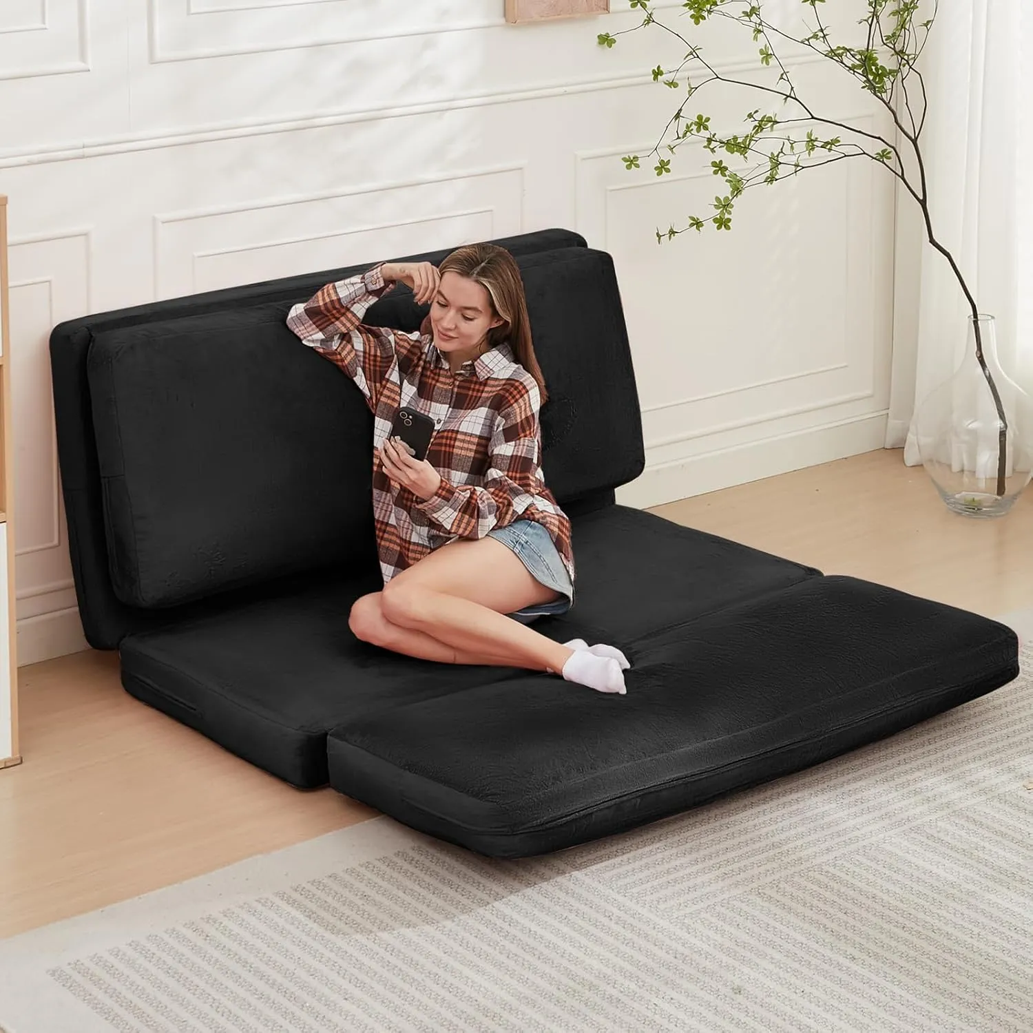 PUREMIND Single Size Bean Bag Bed Floor Chair- Extra Thick Folding Mattress Chair for Adults, Floor Lounger Pillow Cushion with Removable Faux Fur Cover, Lazy Chairs for Living Room & Bedroom