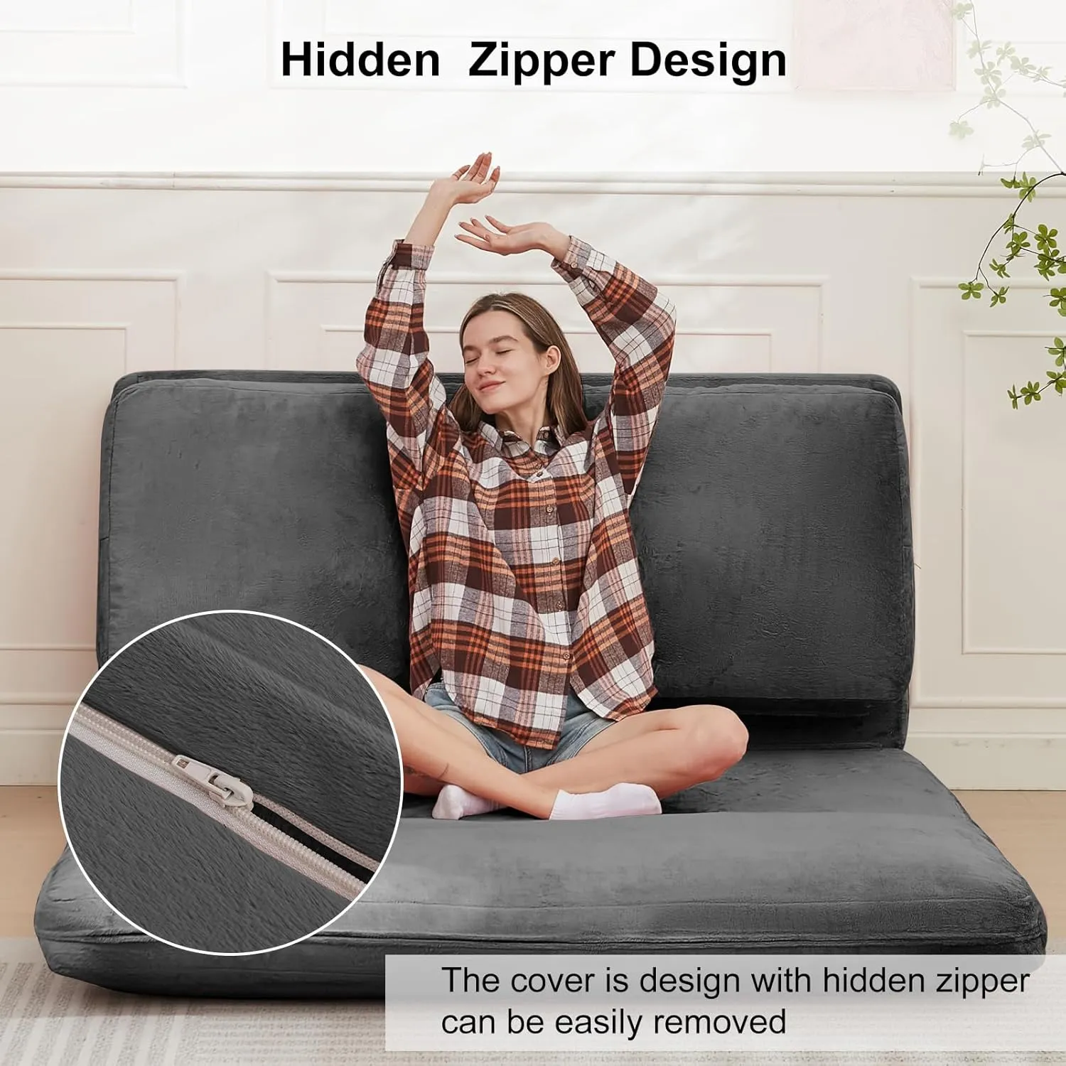 PUREMIND Single Size Bean Bag Bed Floor Chair- Extra Thick Folding Mattress Chair for Adults, Floor Lounger Pillow Cushion with Removable Faux Fur Cover, Lazy Chairs for Living Room & Bedroom