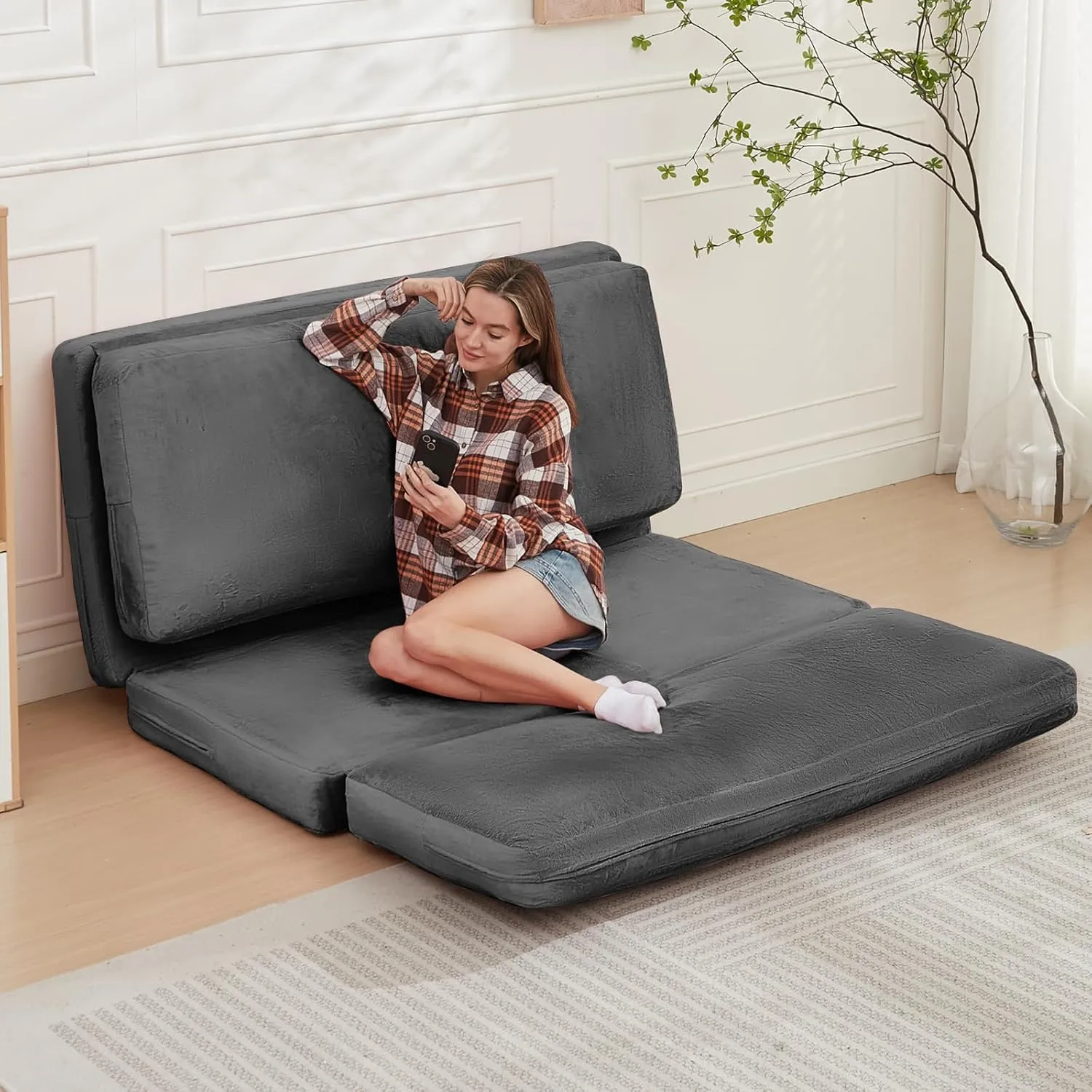 PUREMIND Single Size Bean Bag Bed Floor Chair- Extra Thick Folding Mattress Chair for Adults, Floor Lounger Pillow Cushion with Removable Faux Fur Cover, Lazy Chairs for Living Room & Bedroom