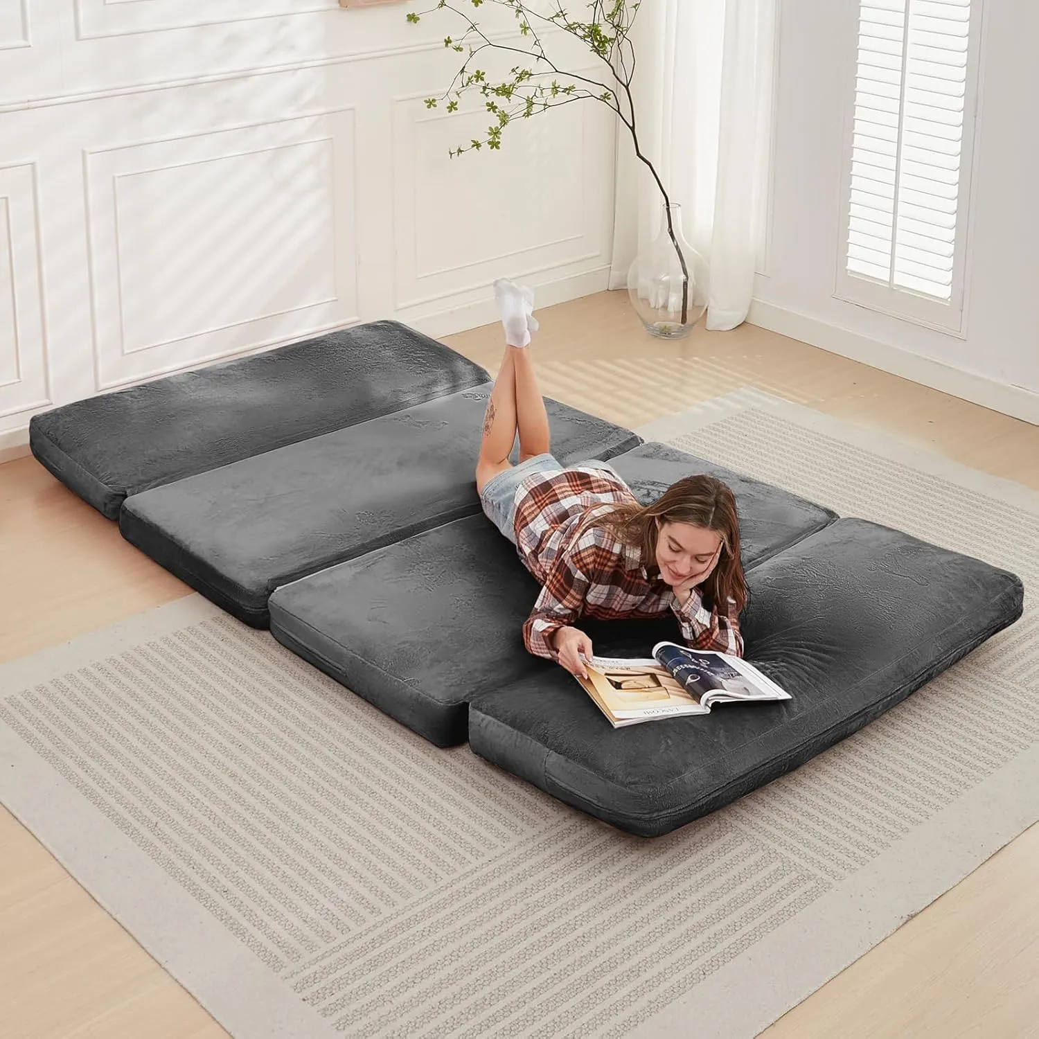 PUREMIND Single Size Bean Bag Bed Floor Chair- Extra Thick Folding Mattress Chair for Adults, Floor Lounger Pillow Cushion with Removable Faux Fur Cover, Lazy Chairs for Living Room & Bedroom