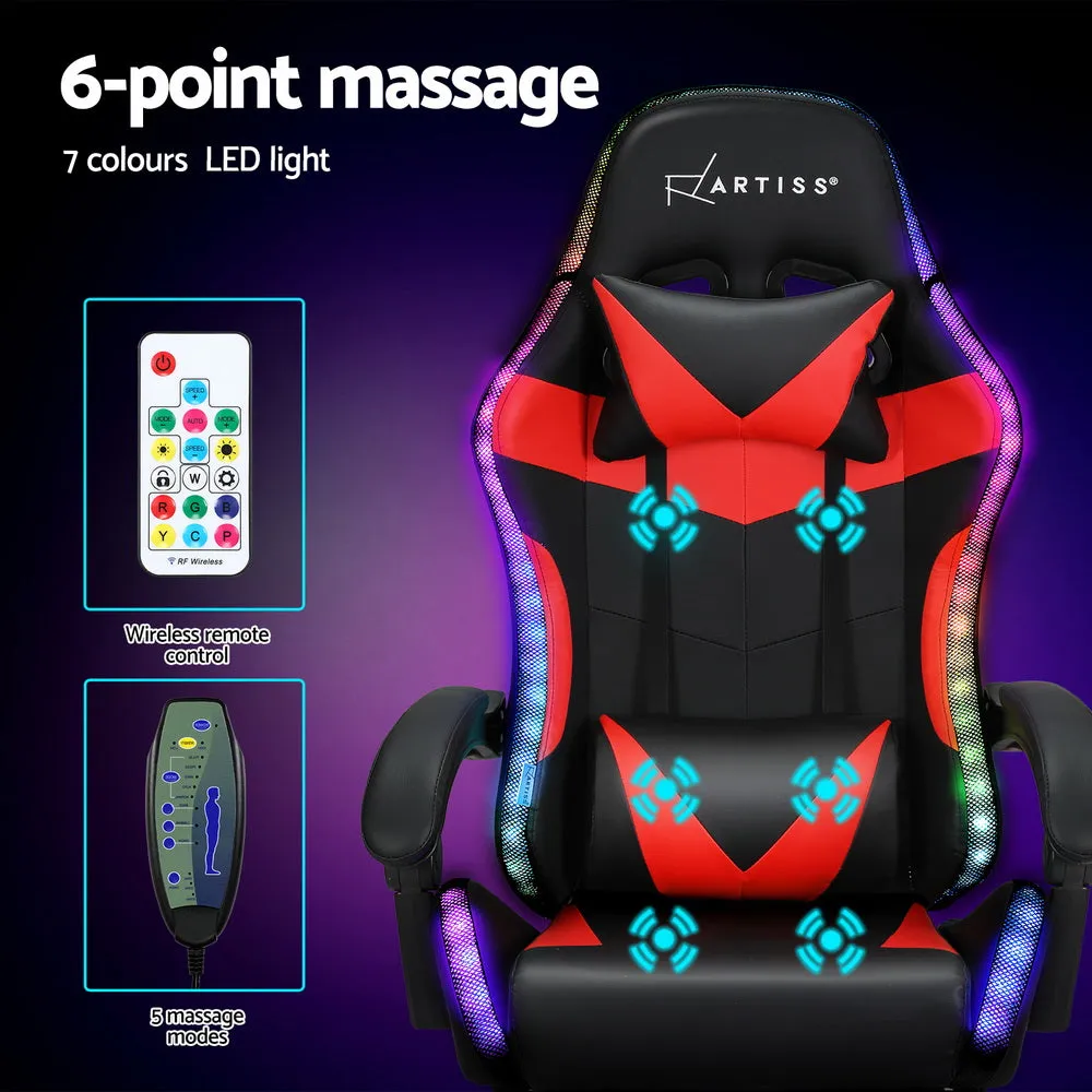 Racer LED Office Chair with Massage & Footrest - Red