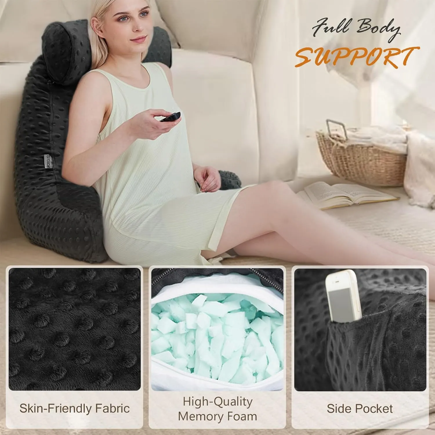 Reading Pillow for Sitting in Bed, Extra Large Backrest Support Cushion with Arms, Sit up Back Pillow Shredded Memory Foam back support Chair Pillow, Bed Rest Pillows with pocket, Detachable Neck Roll