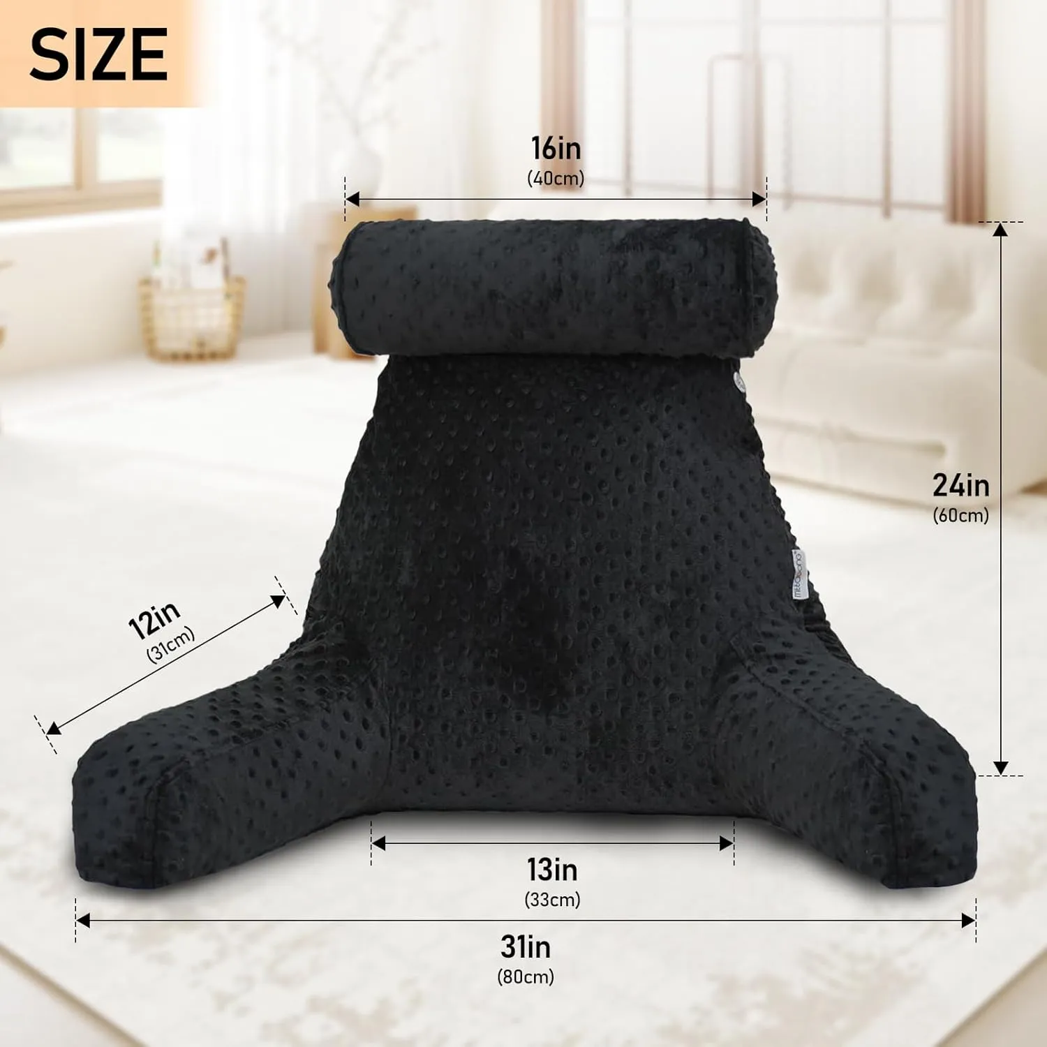 Reading Pillow for Sitting in Bed, Extra Large Backrest Support Cushion with Arms, Sit up Back Pillow Shredded Memory Foam back support Chair Pillow, Bed Rest Pillows with pocket, Detachable Neck Roll