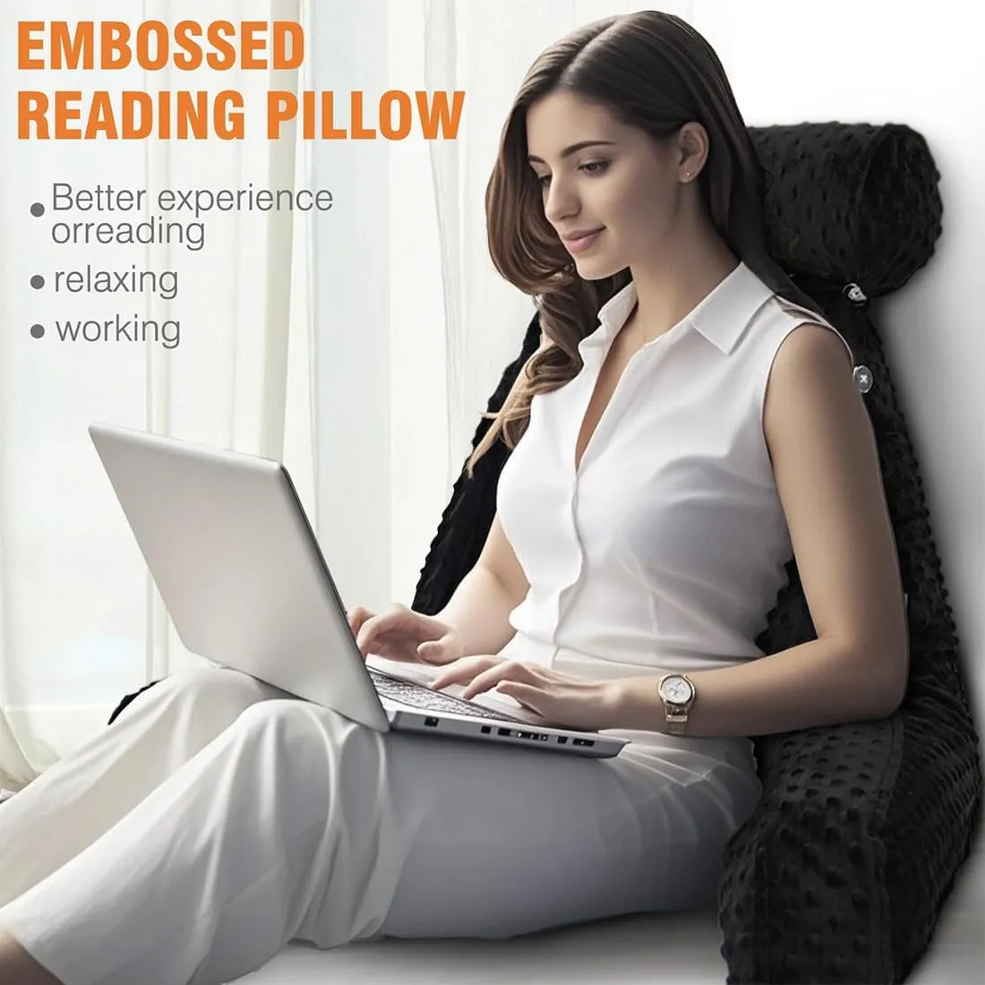 Reading Pillow for Sitting in Bed, Extra Large Backrest Support Cushion with Arms, Sit up Back Pillow Shredded Memory Foam back support Chair Pillow, Bed Rest Pillows with pocket, Detachable Neck Roll