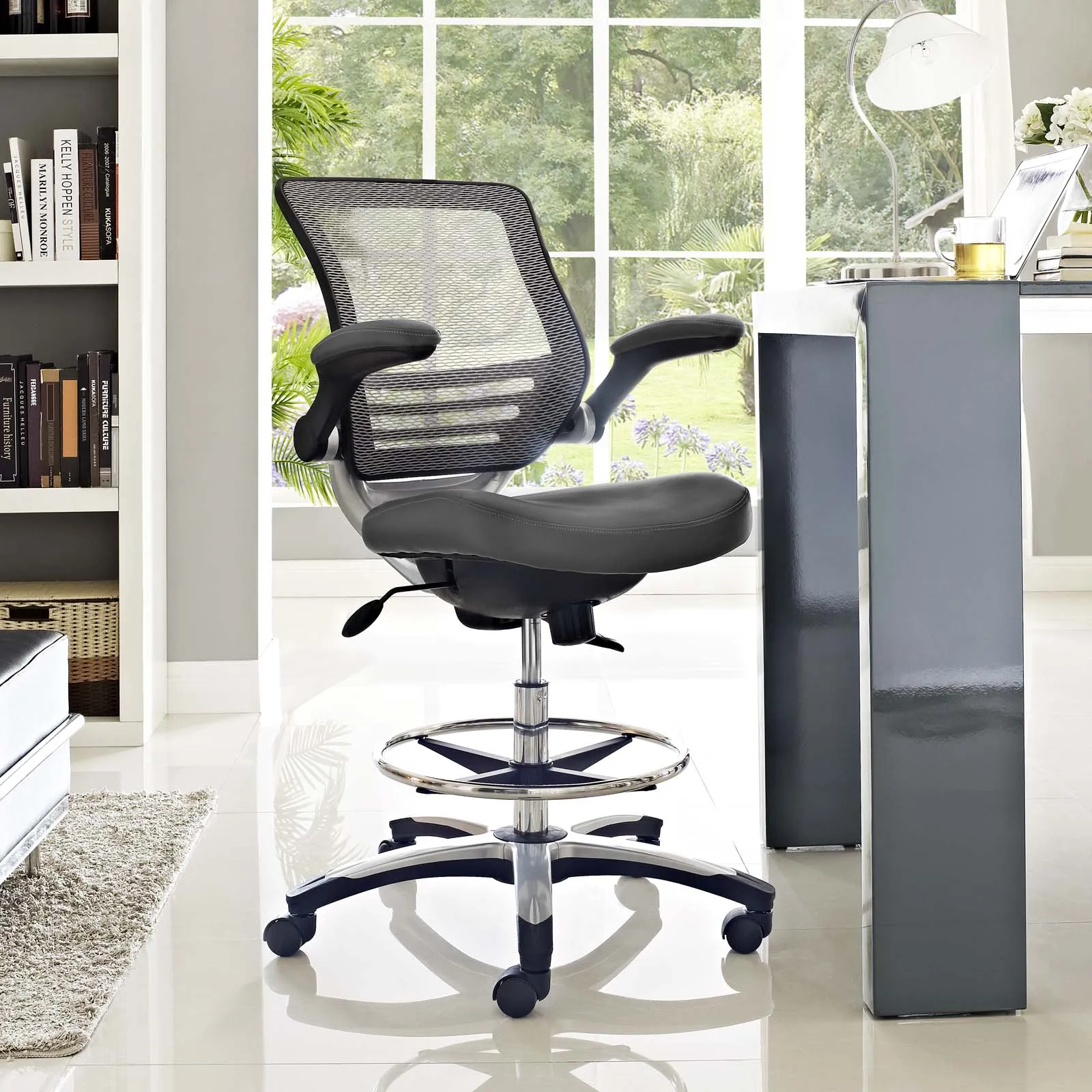 Reception Ergonomic edge Vinyl Drafting Chair With Leg Support -  Drafting Stool Office Chair With excellent Back Support