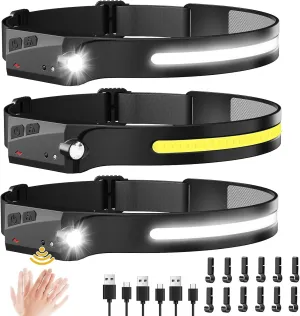 Rechargeable Headlamp 3PCS, LED HeadLamp Flashlight with Motion Sensor 230°Wide Beam, 5 Light Modes, Waterproof, Ultralight Portable Sport Headlight for Running Hunting Hiking Camping Accessories Gear