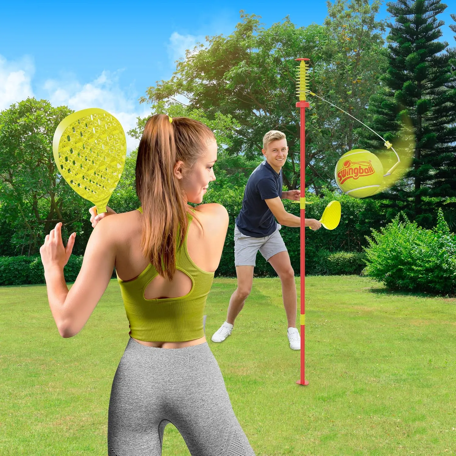Red and Yellow | Outdoor Activities | Traditional Pole in The Ground Set | Real Tennis Ball and 2 Championship Bats | Suitable for Everyone 5 Years 