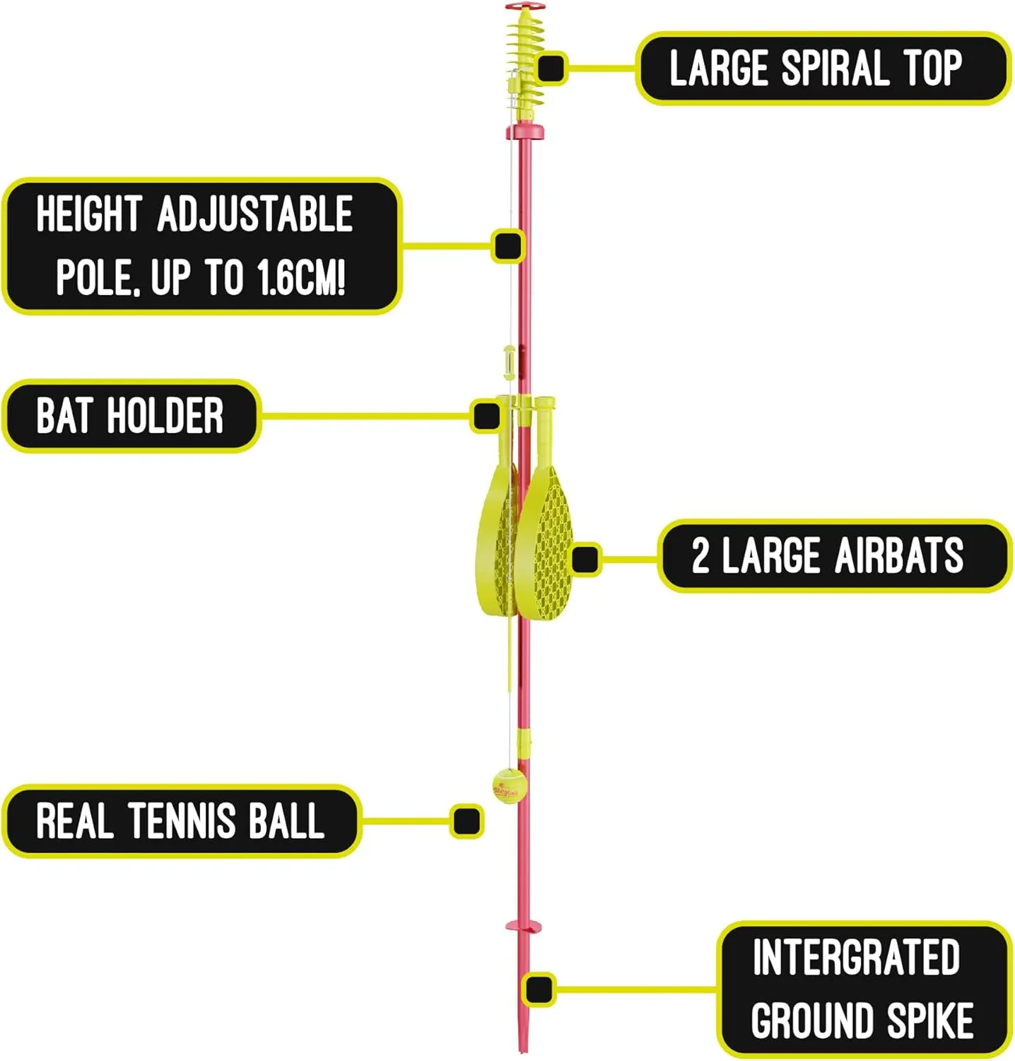 Red and Yellow | Outdoor Activities | Traditional Pole in The Ground Set | Real Tennis Ball and 2 Championship Bats | Suitable for Everyone 5 Years 