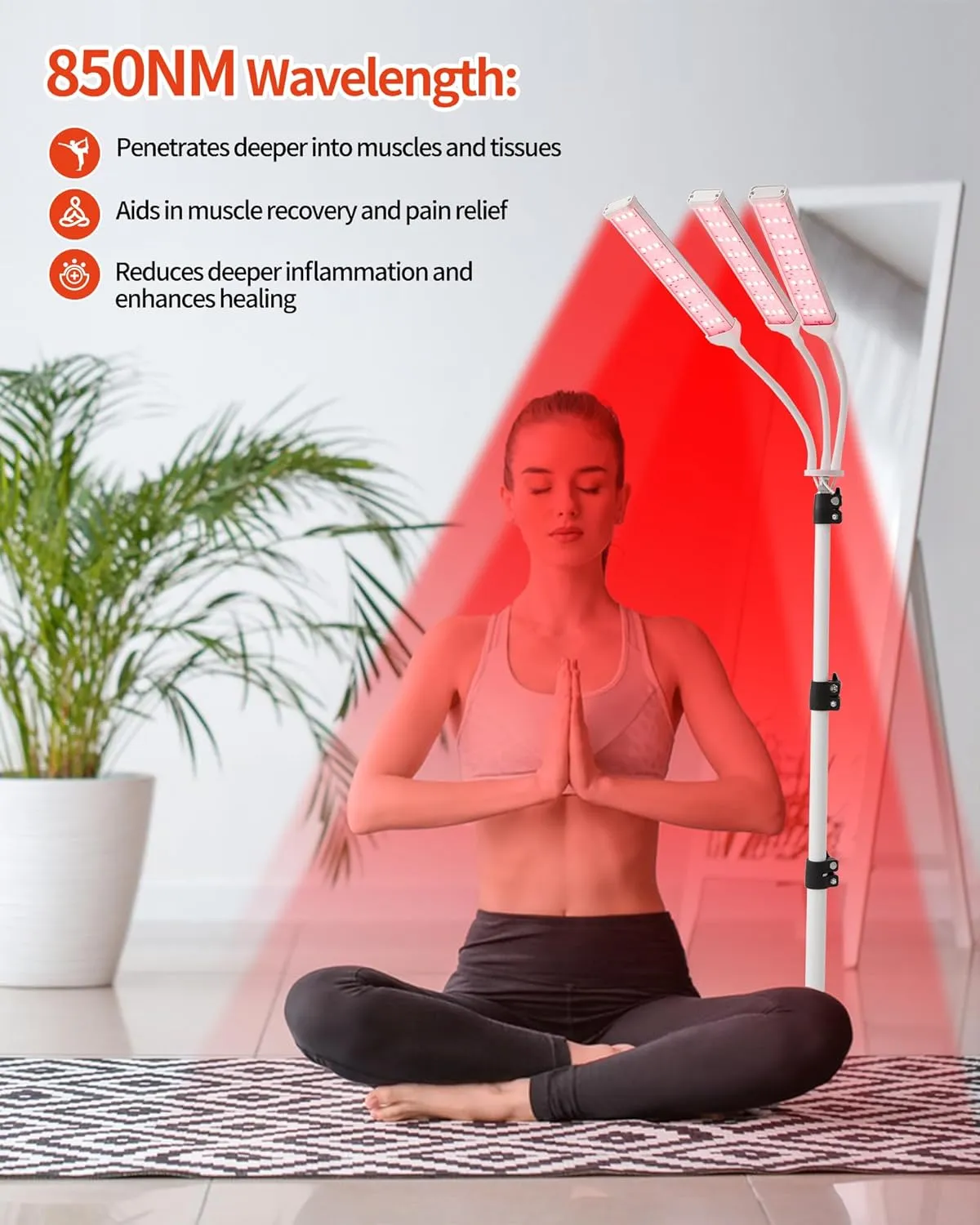 Red Light Therapy Lamp with Adjustable Stand, Timer, Height, Brightness - 660nm, 660nm 850nm, 660Nm 940nm- Effective for Body and Skin Vitality, 3-Head,White,27W