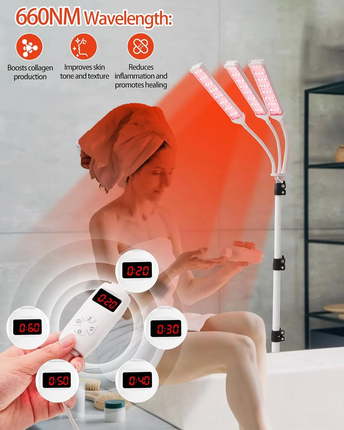 Red Light Therapy Lamp with Adjustable Stand, Timer, Height, Brightness - 660nm, 660nm 850nm, 660Nm 940nm- Effective for Body and Skin Vitality, 3-Head,White,27W