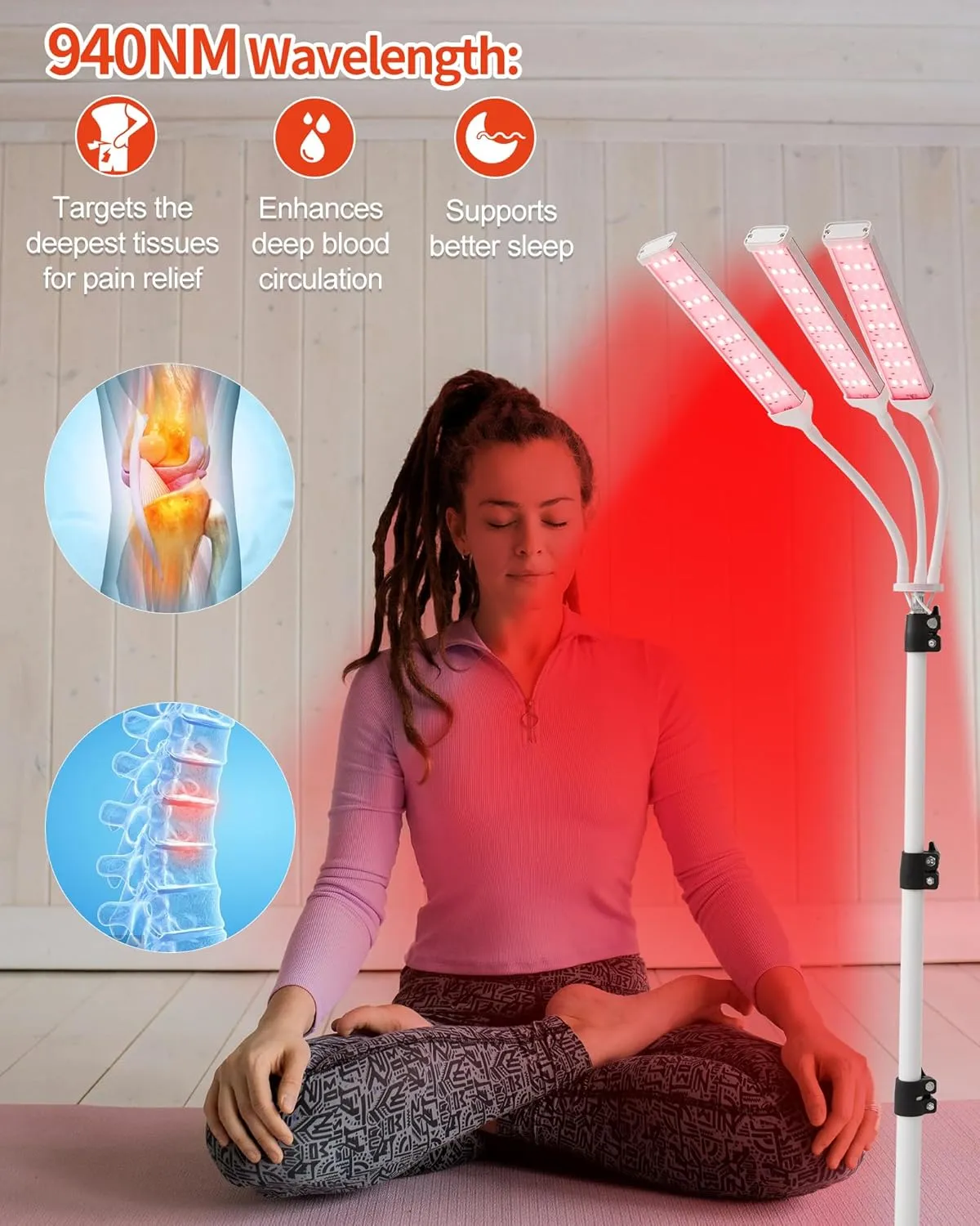 Red Light Therapy Lamp with Adjustable Stand, Timer, Height, Brightness - 660nm, 660nm 850nm, 660Nm 940nm- Effective for Body and Skin Vitality, 3-Head,White,27W