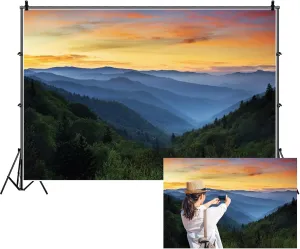 Renaiss 10x8ft Sunset Mountain Backdrop Polyester Fabric Misty Forest Red Clouds Nature Scenery Photography Background for Outdoor Travel Holiday Vacation Wallpaper Adults Portrait Photo Props