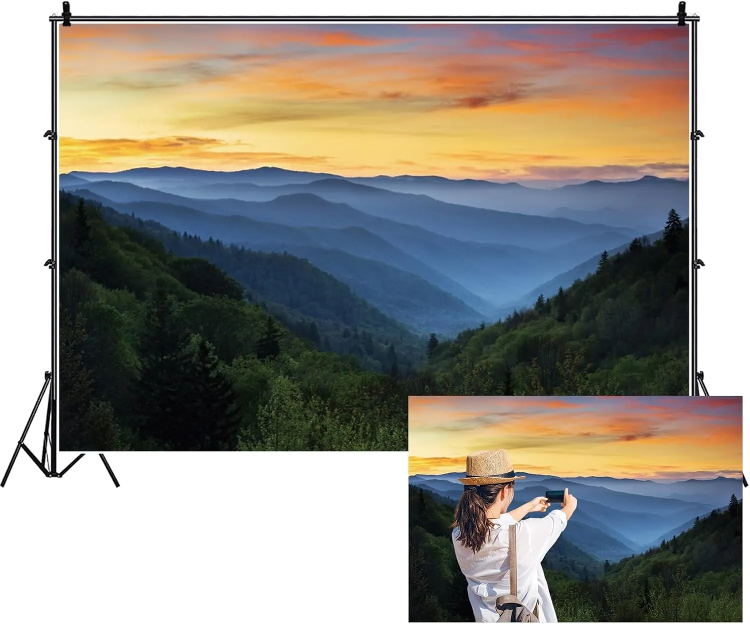 Renaiss 10x8ft Sunset Mountain Backdrop Polyester Fabric Misty Forest Red Clouds Nature Scenery Photography Background for Outdoor Travel Holiday Vacation Wallpaper Adults Portrait Photo Props