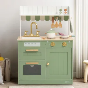 ROBUD Wooden Play Kitchen Set for Kids, Pretend Play Kitchen Toy Set with Golden Faucet, Sink, Oven, Stove, Cabinet, Vintage Style, Gift for Boys & Girls Ages 3  (Green)