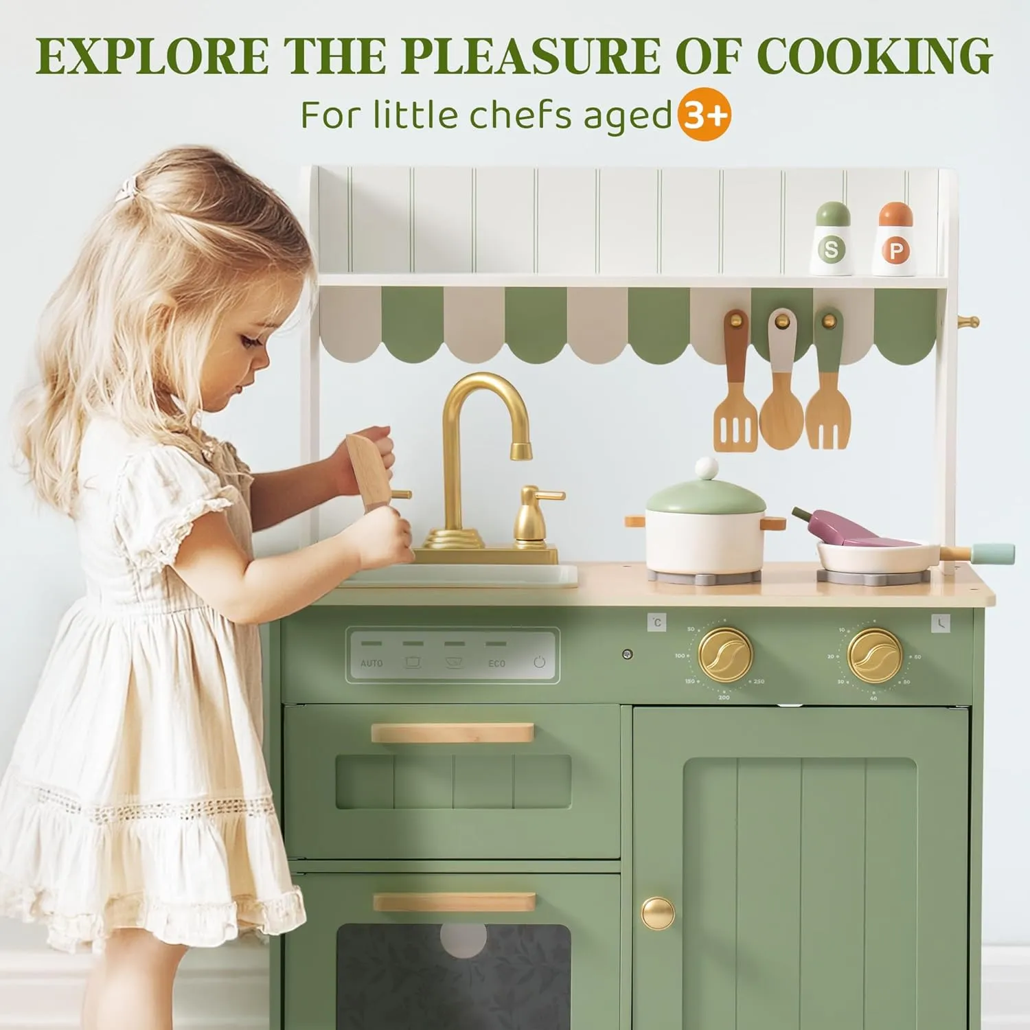 ROBUD Wooden Play Kitchen Set for Kids, Pretend Play Kitchen Toy Set with Golden Faucet, Sink, Oven, Stove, Cabinet, Vintage Style, Gift for Boys & Girls Ages 3  (Green)