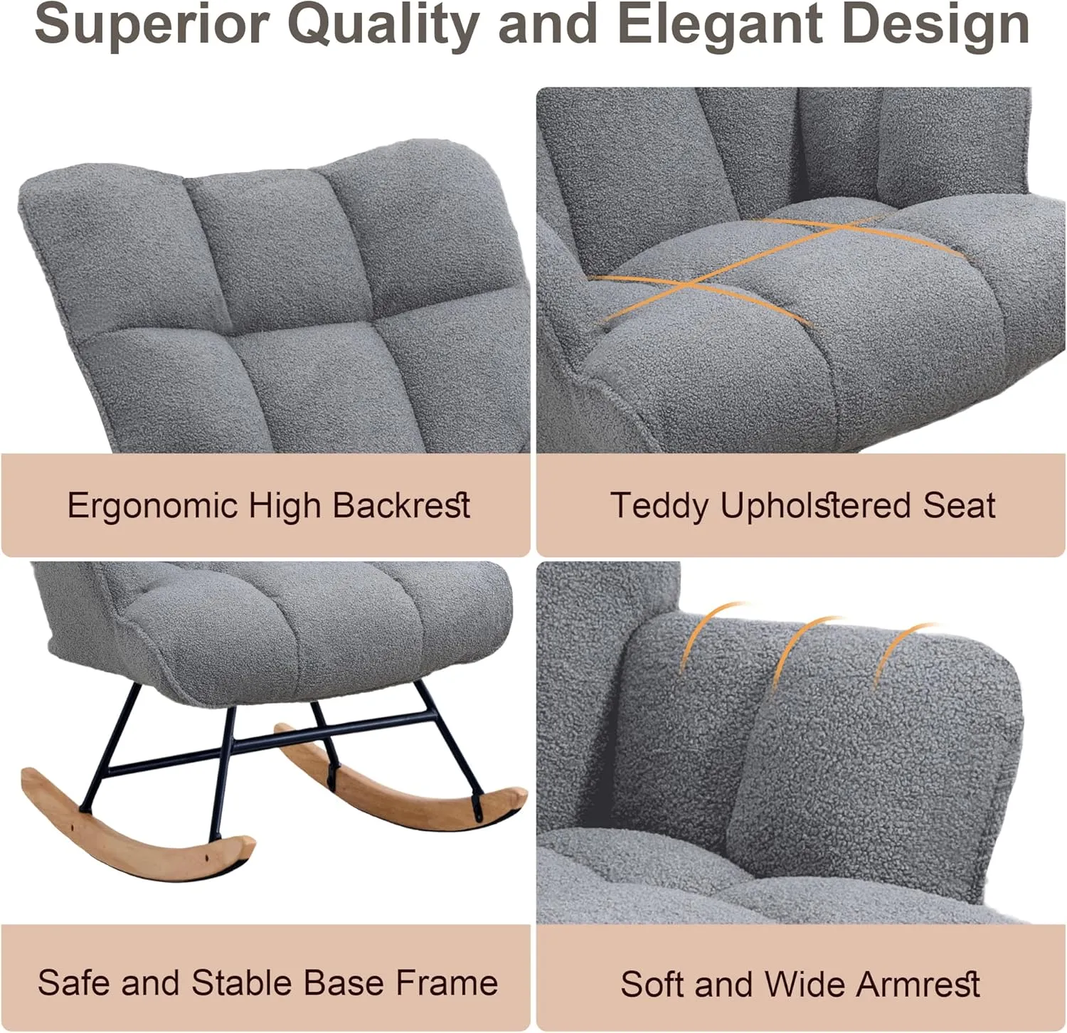Rocking Chair Nursery Teddy Upholstered Glider Rocker Rocking Accent Chair Padded Seat with High Backrest Armchair Comfy Side Chair for Living Room Bedroom Offices (Dark Grey Teddy)