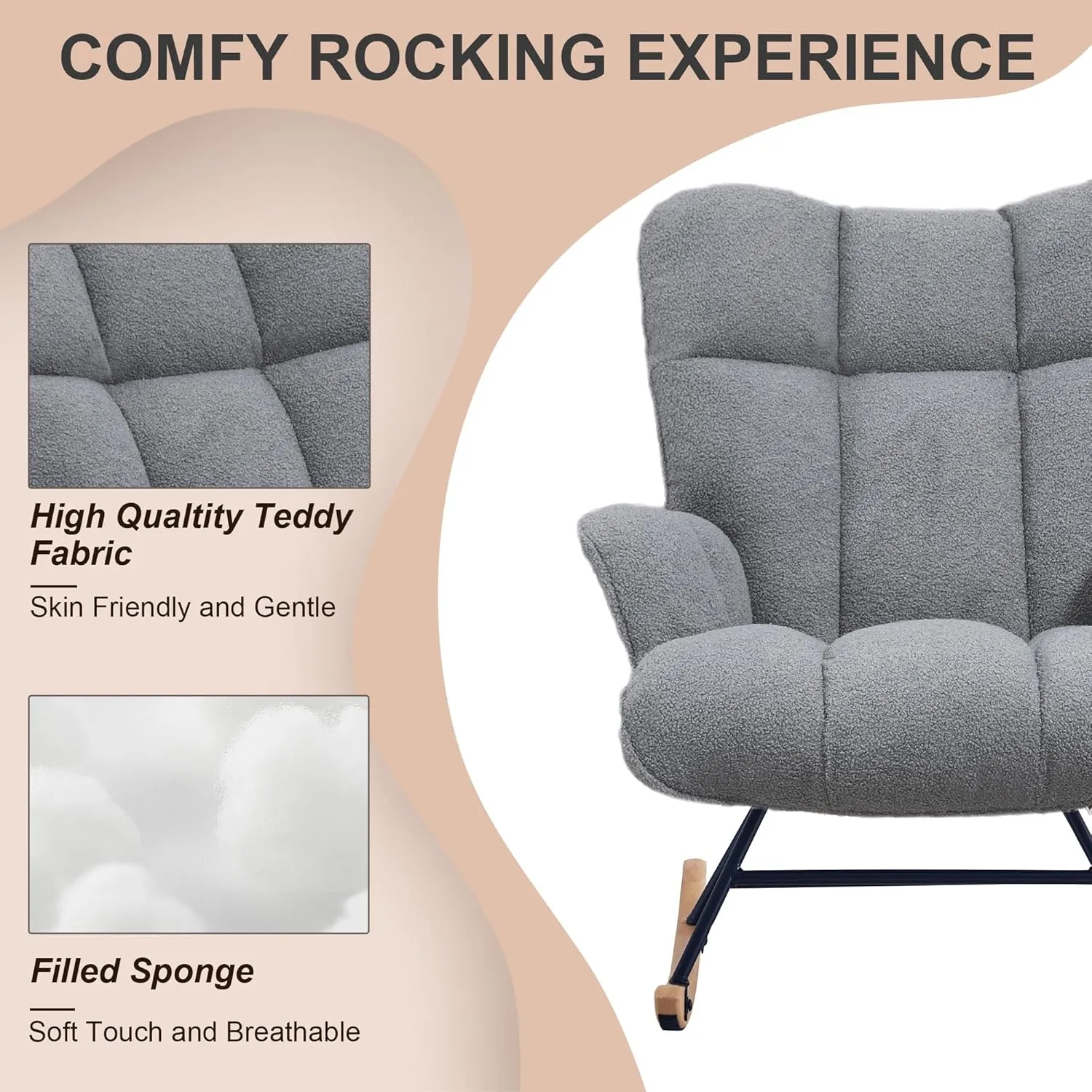 Rocking Chair Nursery Teddy Upholstered Glider Rocker Rocking Accent Chair Padded Seat with High Backrest Armchair Comfy Side Chair for Living Room Bedroom Offices (Dark Grey Teddy)