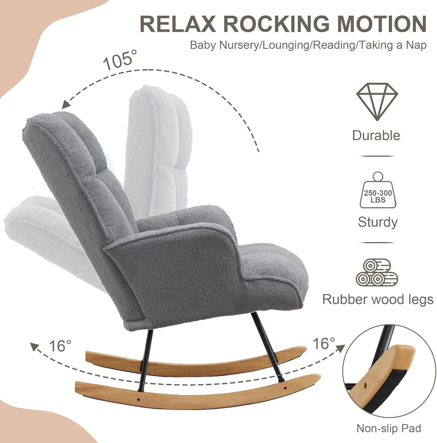 Rocking Chair Nursery Teddy Upholstered Glider Rocker Rocking Accent Chair Padded Seat with High Backrest Armchair Comfy Side Chair for Living Room Bedroom Offices (Dark Grey Teddy)