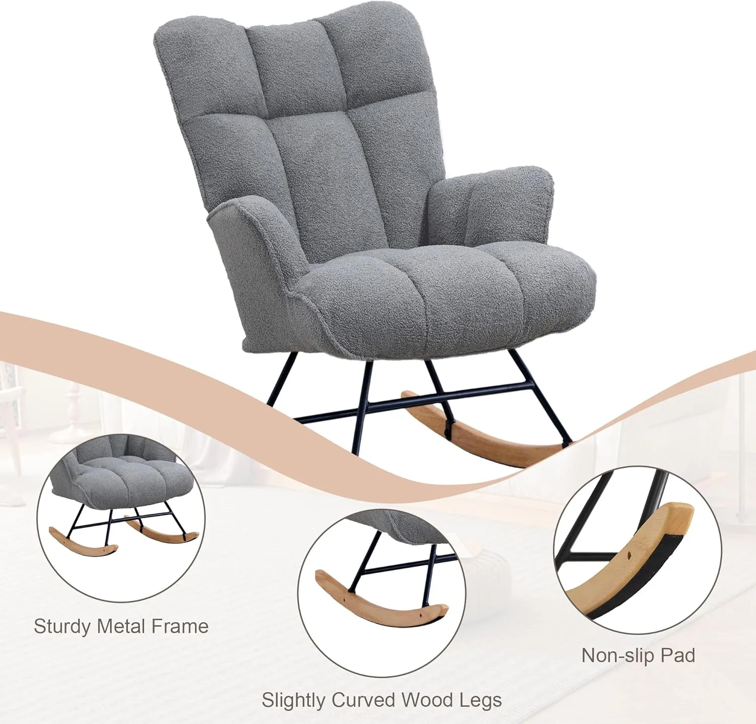 Rocking Chair Nursery Teddy Upholstered Glider Rocker Rocking Accent Chair Padded Seat with High Backrest Armchair Comfy Side Chair for Living Room Bedroom Offices (Dark Grey Teddy)