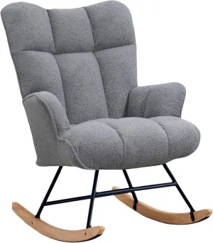 Rocking Chair Nursery Teddy Upholstered Glider Rocker Rocking Accent Chair Padded Seat with High Backrest Armchair Comfy Side Chair for Living Room Bedroom Offices (Dark Grey Teddy)