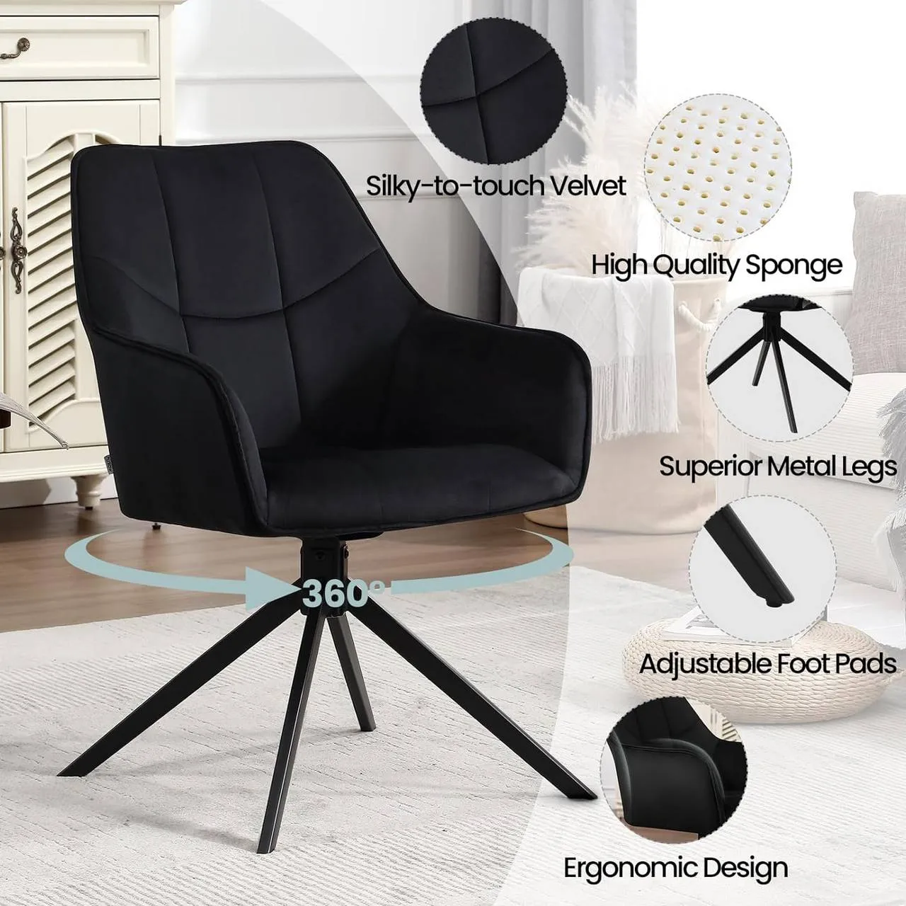 Rootz Dining Chair - Swivel Chair - Padded Chair - Velvet Cover - 58cm x 86cm x 63.5cm - Modern Style - Ergonomic Design