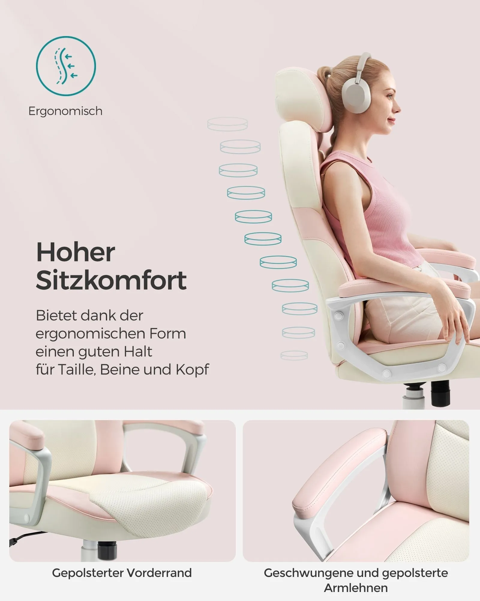 Rootz Padded Armrest Desk Chair - Pastel Pink - Cushioned Seat - Home Office Furniture - 60cm x 55cm x 85cm