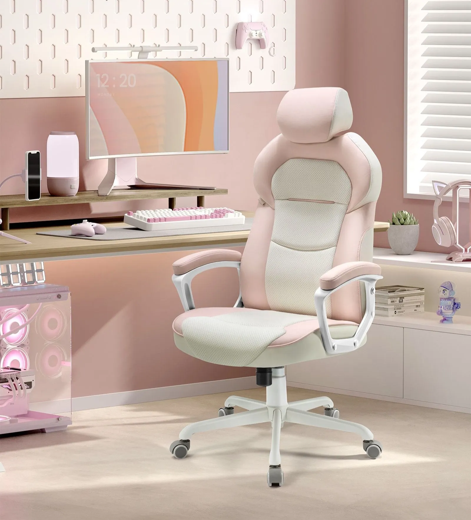 Rootz Padded Armrest Desk Chair - Pastel Pink - Cushioned Seat - Home Office Furniture - 60cm x 55cm x 85cm