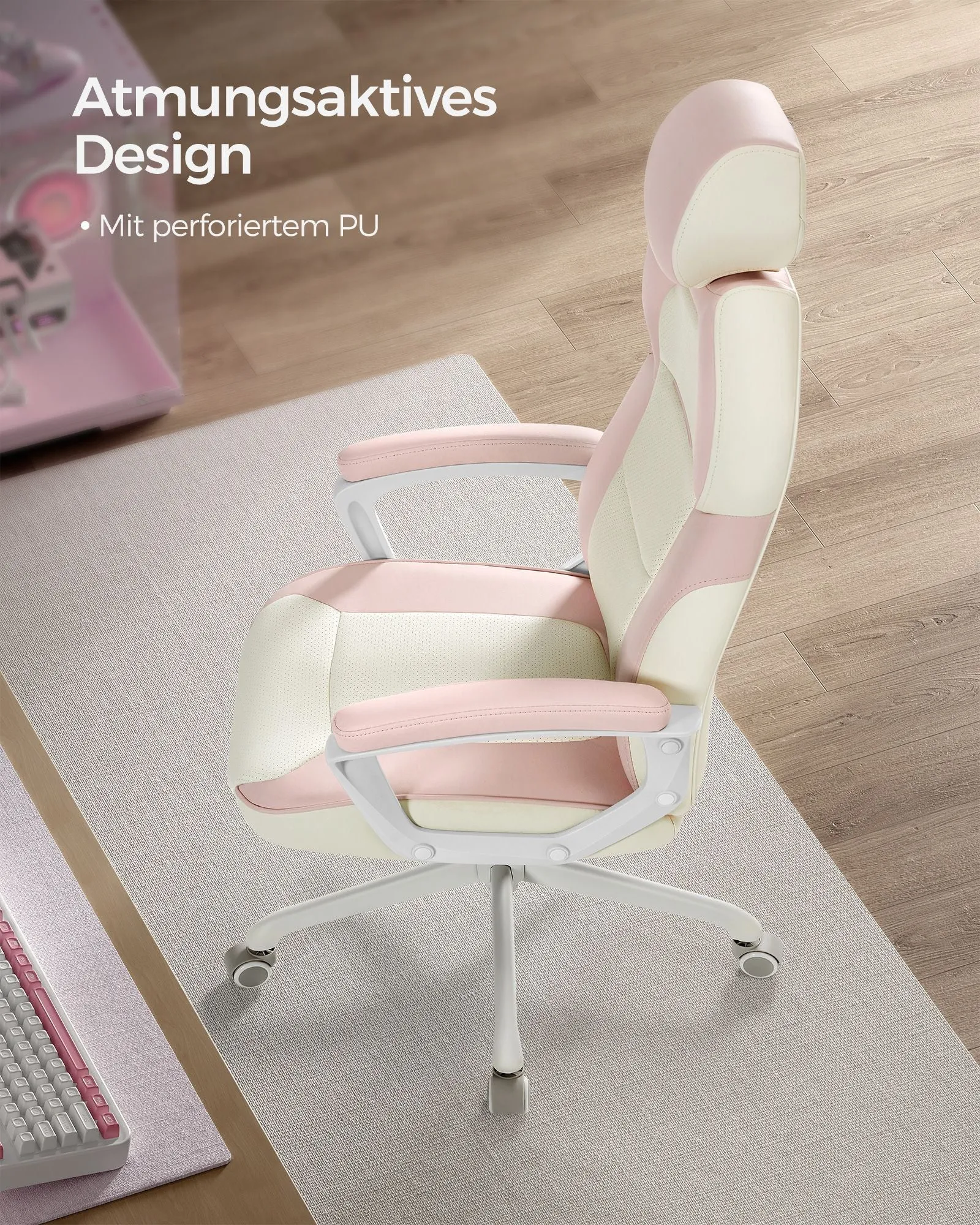 Rootz Padded Armrest Desk Chair - Pastel Pink - Cushioned Seat - Home Office Furniture - 60cm x 55cm x 85cm