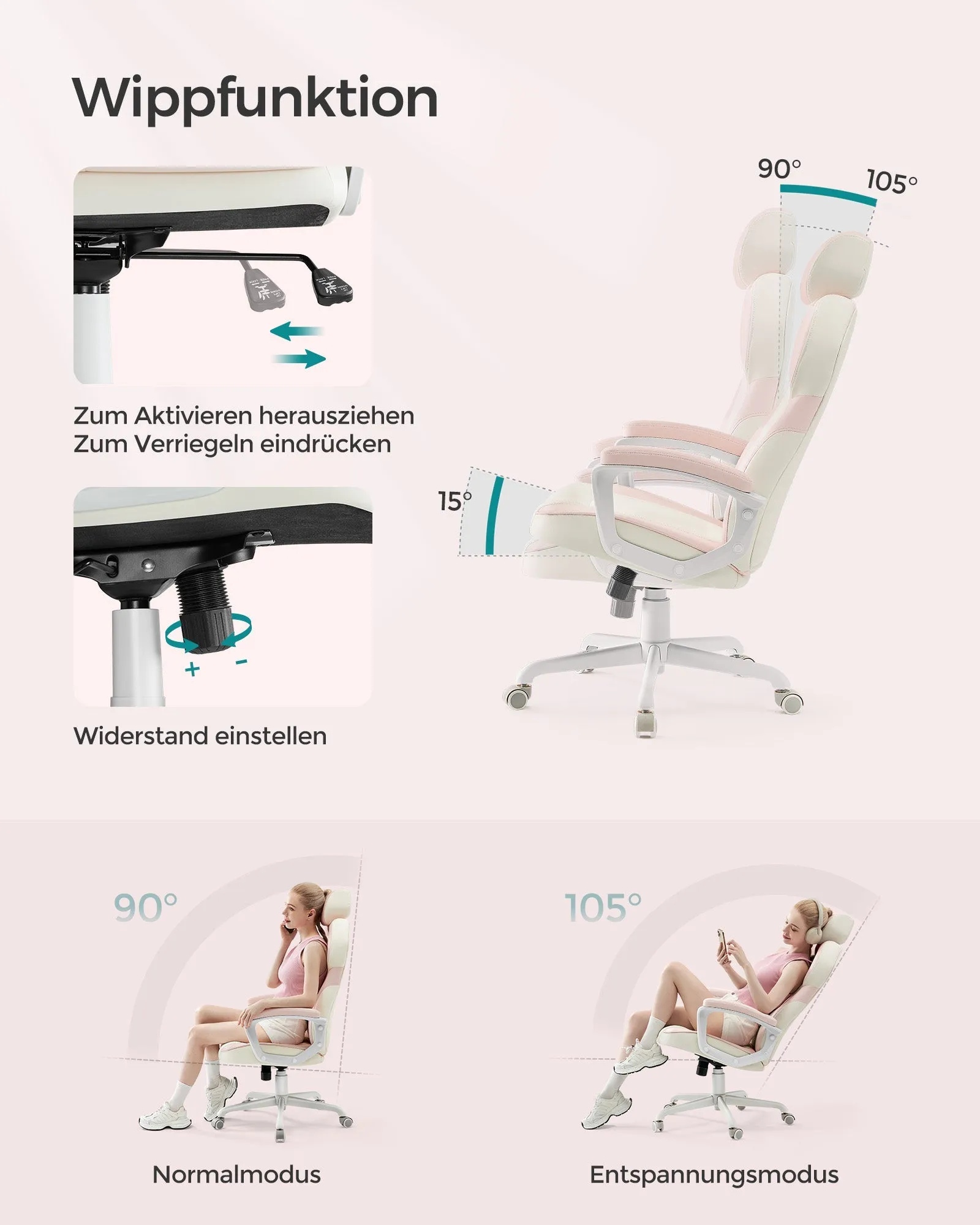 Rootz Padded Armrest Desk Chair - Pastel Pink - Cushioned Seat - Home Office Furniture - 60cm x 55cm x 85cm