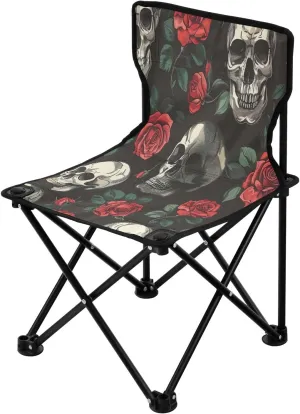 Rose Skulls Portable Outdoor Folding Chair Anti-Slip Padded Oxford Cloth Stool Camping Chair Small for Beach Hiking Fishing Gardening Quad Camp Chair