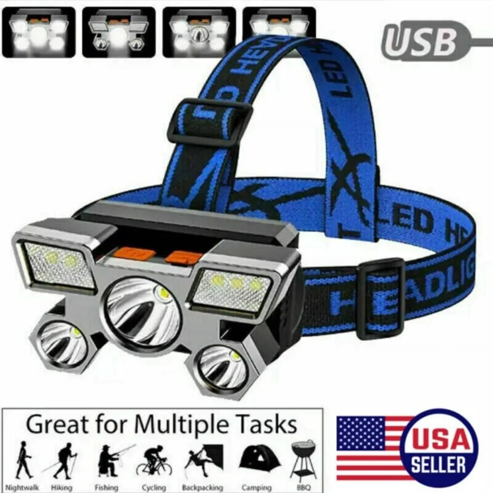 RUNAAJA 750000lm COB LED Headlamp Rechargeable Head Light Flashlight Torch Lamp Five Lamp Design Super far Light for Outdoor Running Hunting Hiking Camping Gear (Orange *1 Red *1 Blue *1)