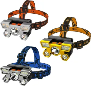 RUNAAJA 750000lm COB LED Headlamp Rechargeable Head Light Flashlight Torch Lamp Five Lamp Design Super far Light for Outdoor Running Hunting Hiking Camping Gear (Orange *1 Red *1 Blue *1)