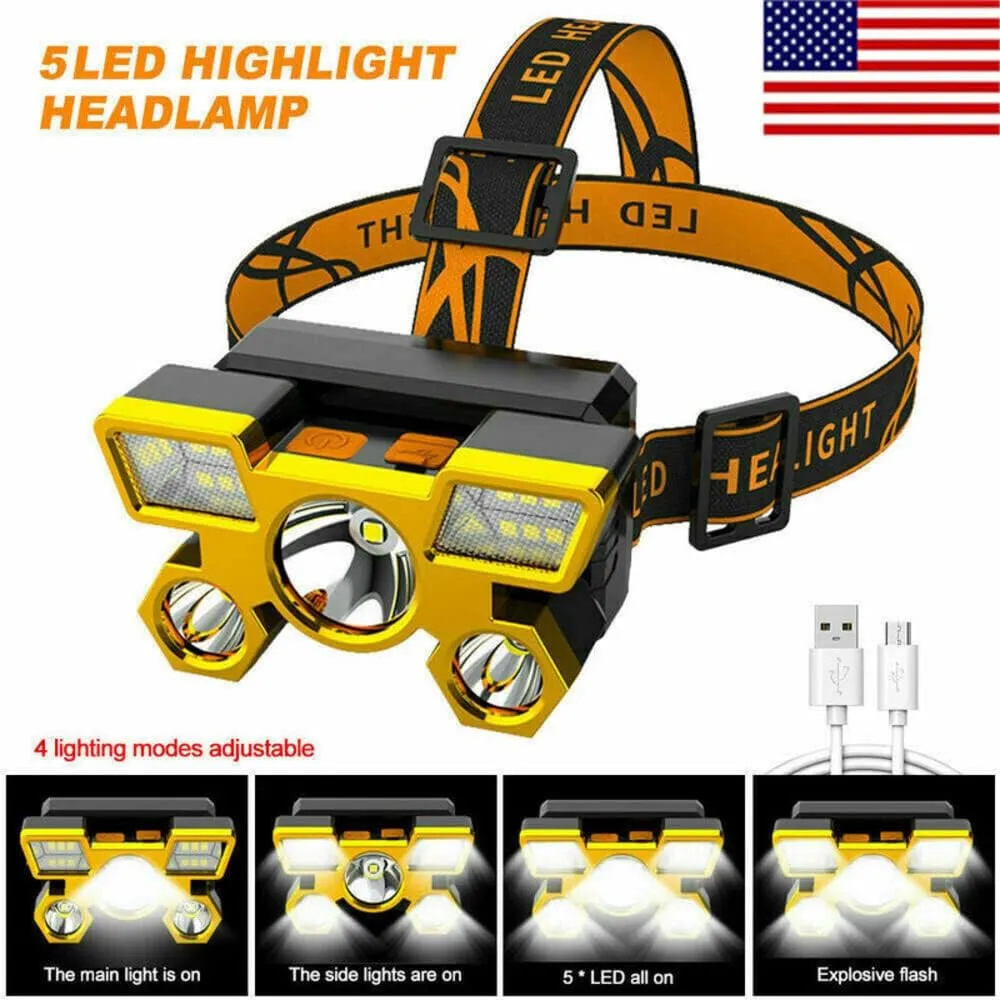 RUNAAJA 750000lm COB LED Headlamp Rechargeable Head Light Flashlight Torch Lamp Five Lamp Design Super far Light for Outdoor Running Hunting Hiking Camping Gear (Orange *1 Red *1 Blue *1)