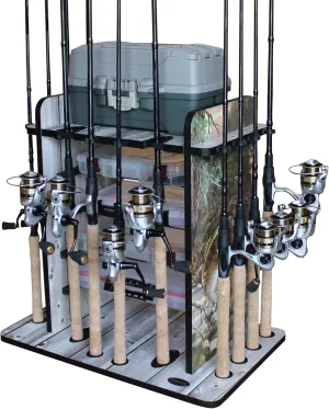 Rush Creek Creations Fishing Rod Holder for 14 Saltwater/Freshwater Rods, Fishing Pole Holder w/ up to 4 Fishing Gear Tackle Box Storage for Garage Organization/Boat Storage for Fishing Accessories