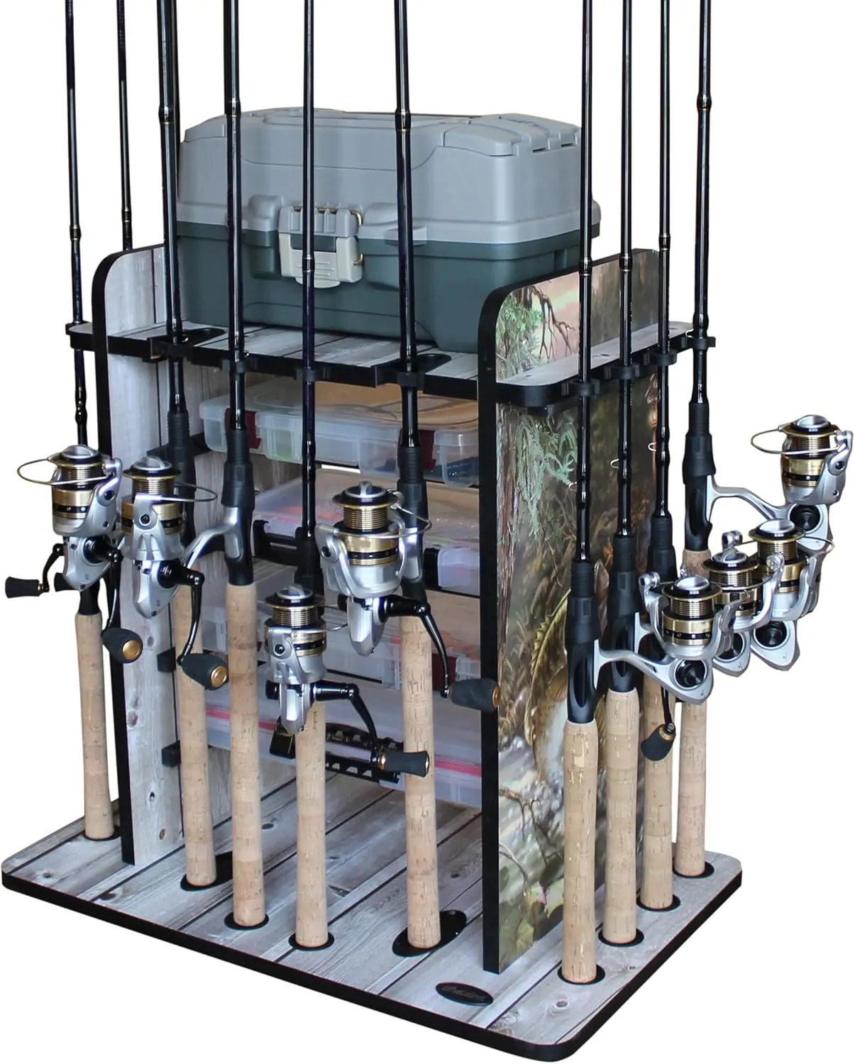 Rush Creek Creations Fishing Rod Holder for 14 Saltwater/Freshwater Rods, Fishing Pole Holder w/ up to 4 Fishing Gear Tackle Box Storage for Garage Organization/Boat Storage for Fishing Accessories