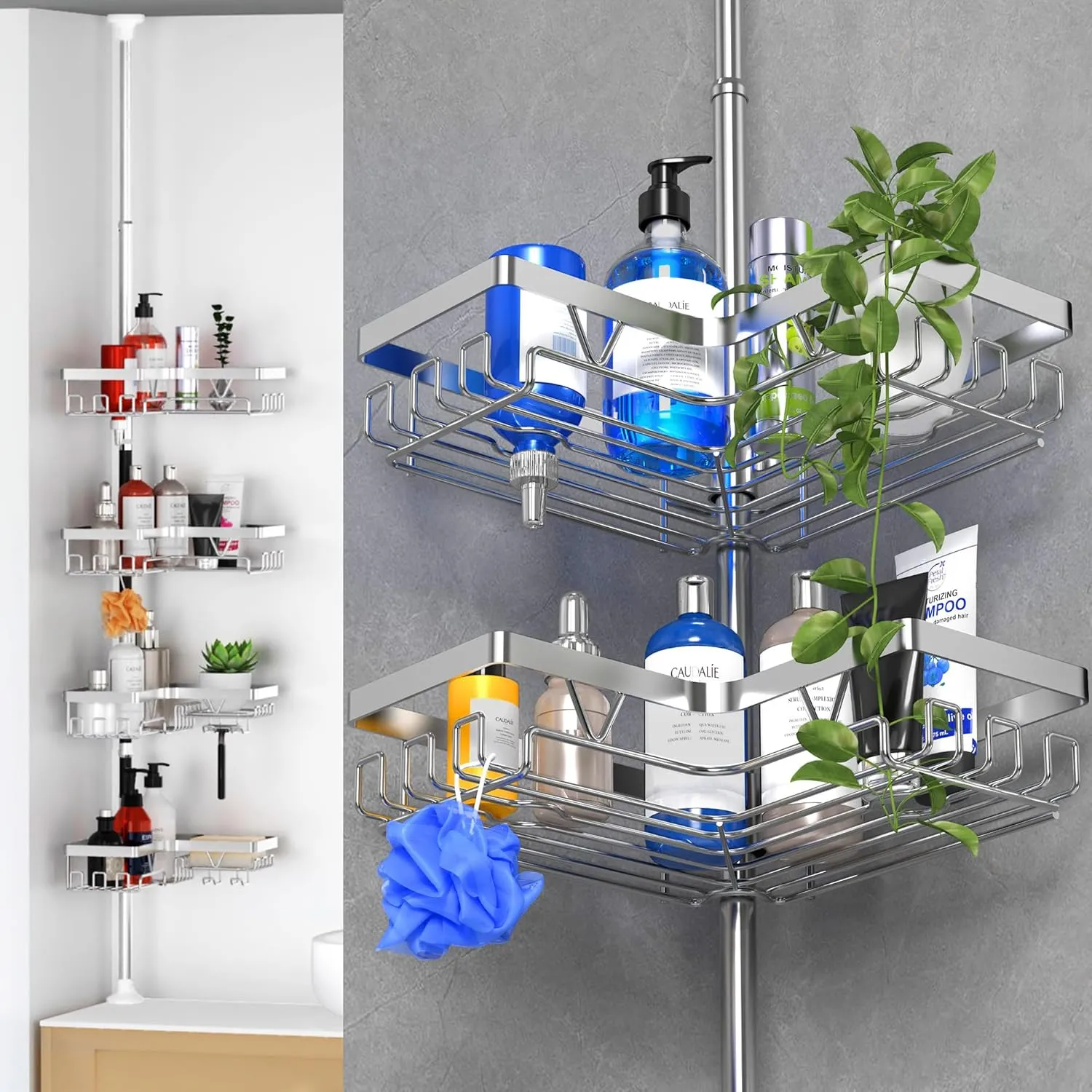 Rustproof Corner Shower Caddy Tension Pole, 4-Tier Adjustable Shower Tension Rod Organizer for Bathtub/Bathroom, No Drilling Standing Rack Corner, Silver
