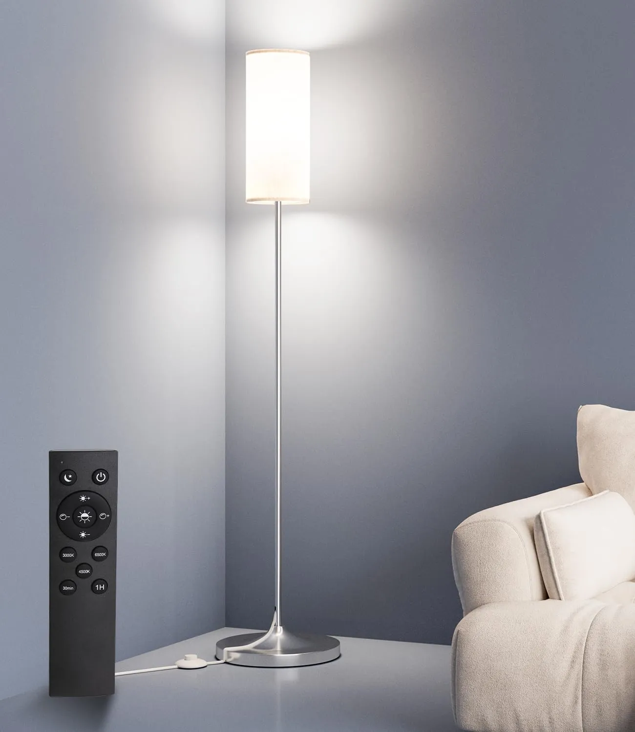 Rynx | Luckystyle LED Floor Lamp For Living Room, Dimmable Standing Lamps With Foot Switch, Remote Control Customizable Color Temperature Silver Rod