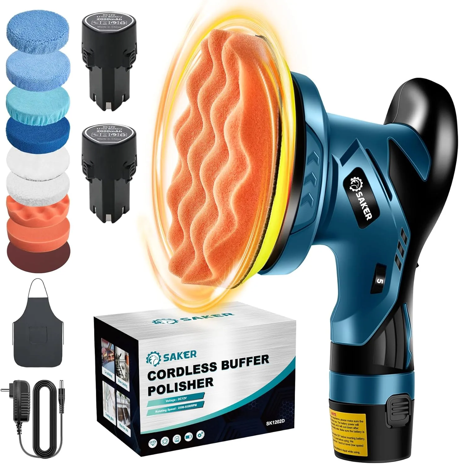 Saker Cordless Car Buffer Polisher - 6 Inch Portable Waxer Machine Kit with 2x2000mAh Batteries & 6 Variable Speed, Extra 16 PCS Attachments, Polisher for Car Detailing, Scratch Removing